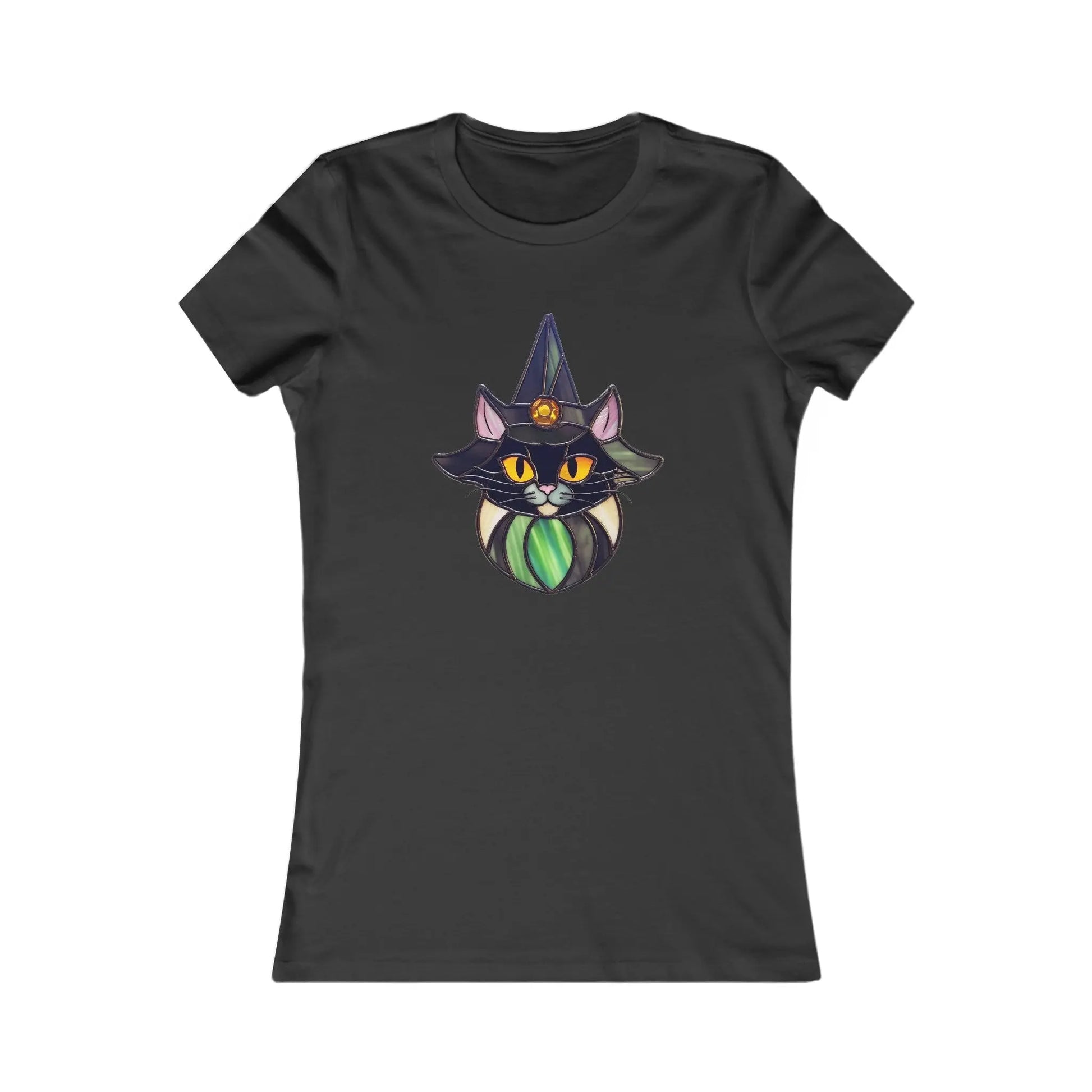 The Stained Glass Cat Witch Womens Tee Shirt showcases a black T-shirt design with a stained glass-inspired cat illustration. The cat has striking yellow eyes, purple and green accents, and wears a witch hat with a mystical pendant. This design is centered on the front.