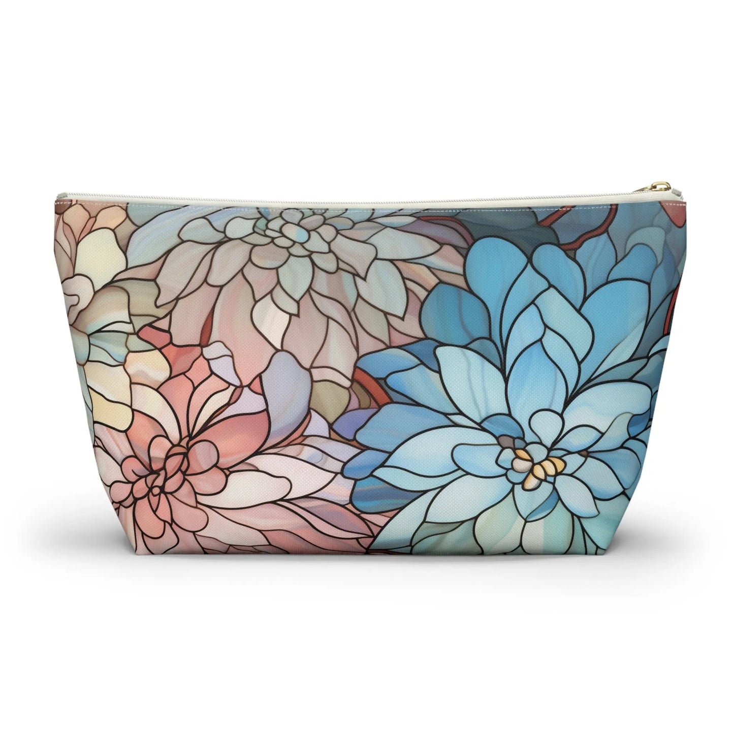 The Stained Glass Dark Flowers Cosmetic Bag is a boho pouch with a colorful floral pattern in blue, pink, and beige, resembling stained glass with intricate petal details. It’s vibrant and perfect for cosmetics, featuring a convenient top zipper.