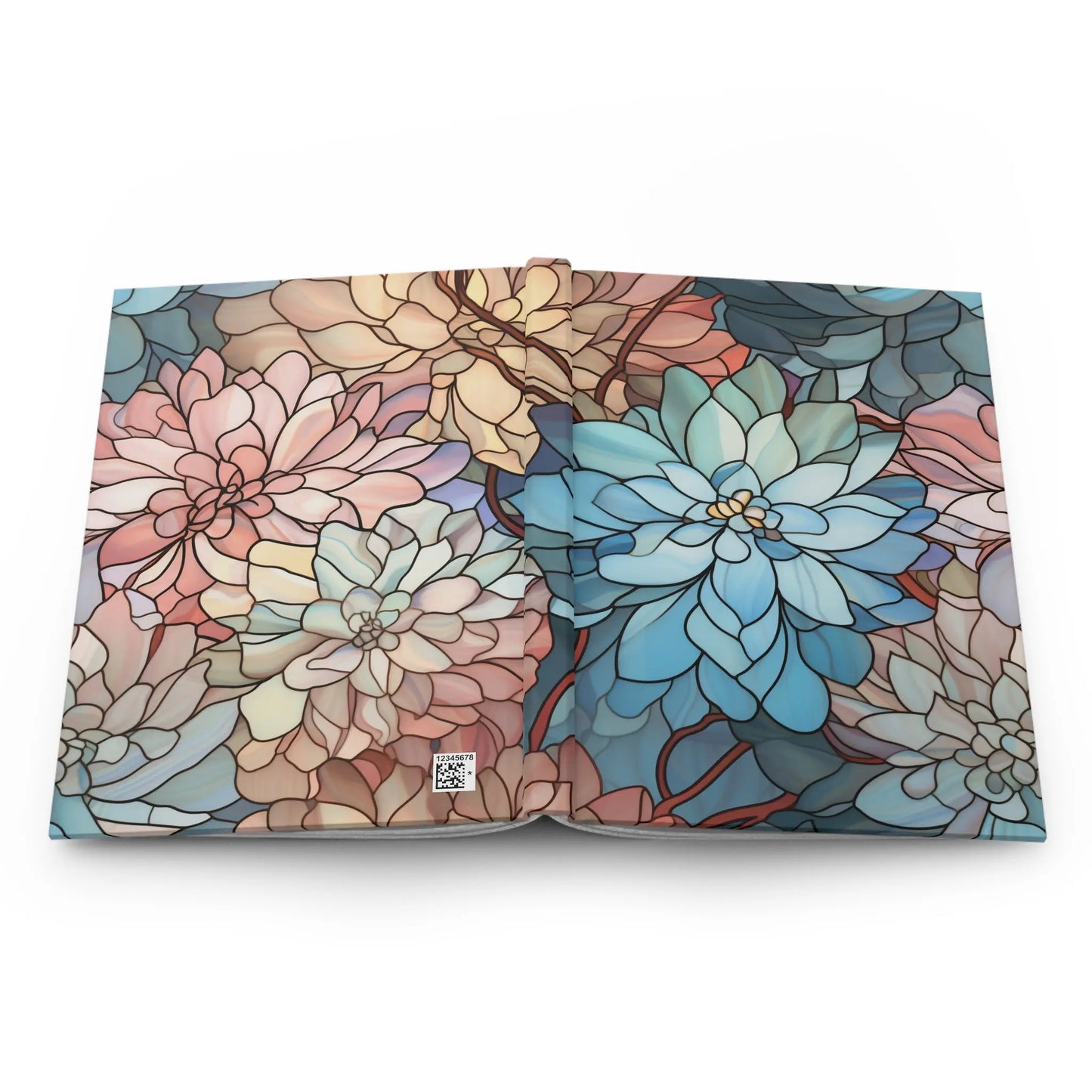 The Stained Glass Dark Flowers Hardcover Journal showcases an open book with pages featuring a colorful floral mosaic pattern. Large flowers in blue, pink, and beige form an intricate artistic design on a white background, resembling stained glass.