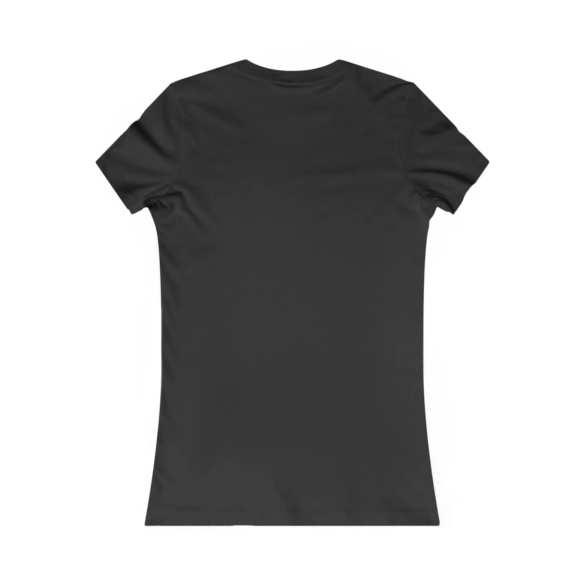 The back view of the sleek black Stained Glass Cat Witch Womens Tee Shirt showcases short sleeves and a crew neckline. Displayed against a white background, this comfortable tee embodies sustainable and stylish fashion.