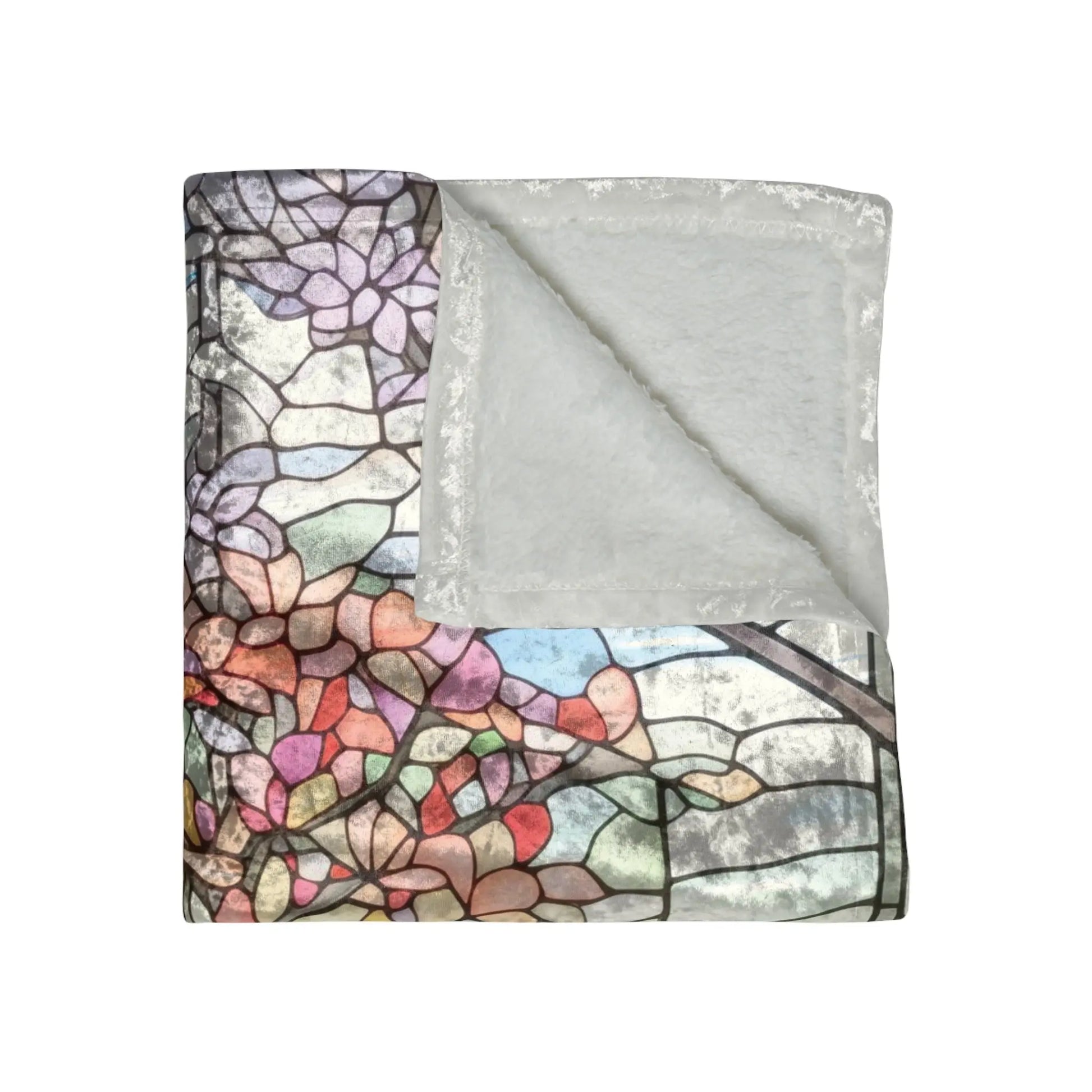 The Stained Glass Springtime Forest Crushed Velvet Blanket - 50x60 showcases a stained glass design in purple, red, and green hues on one side, with a soft gray fleece texture on the other.