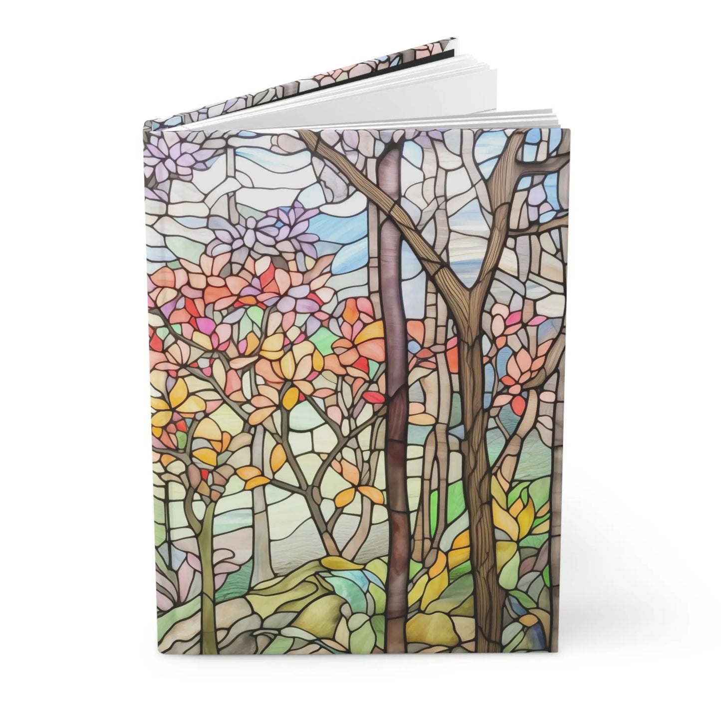 A picture of the Stained Glass Spring Forest Hardcover Journal from GlassyRock Arts.
