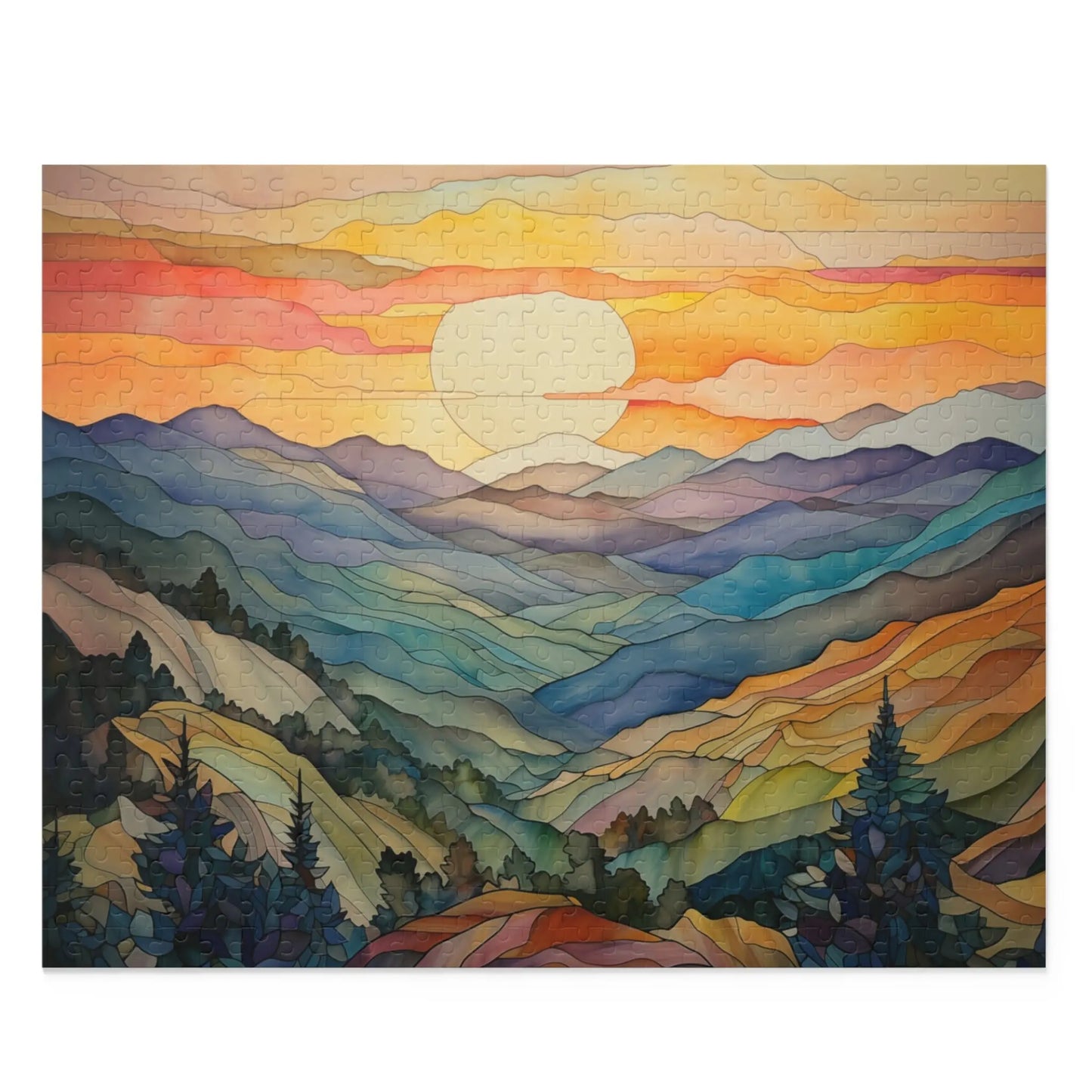The Sunset Mountains Jigsaw Puzzle features a vivid watercolor of layered peaks and valleys beneath an orange-pink sunset. Perfect for nature lovers, it showcases a serene sun setting between mountains, with pine trees enhancing the foreground view.