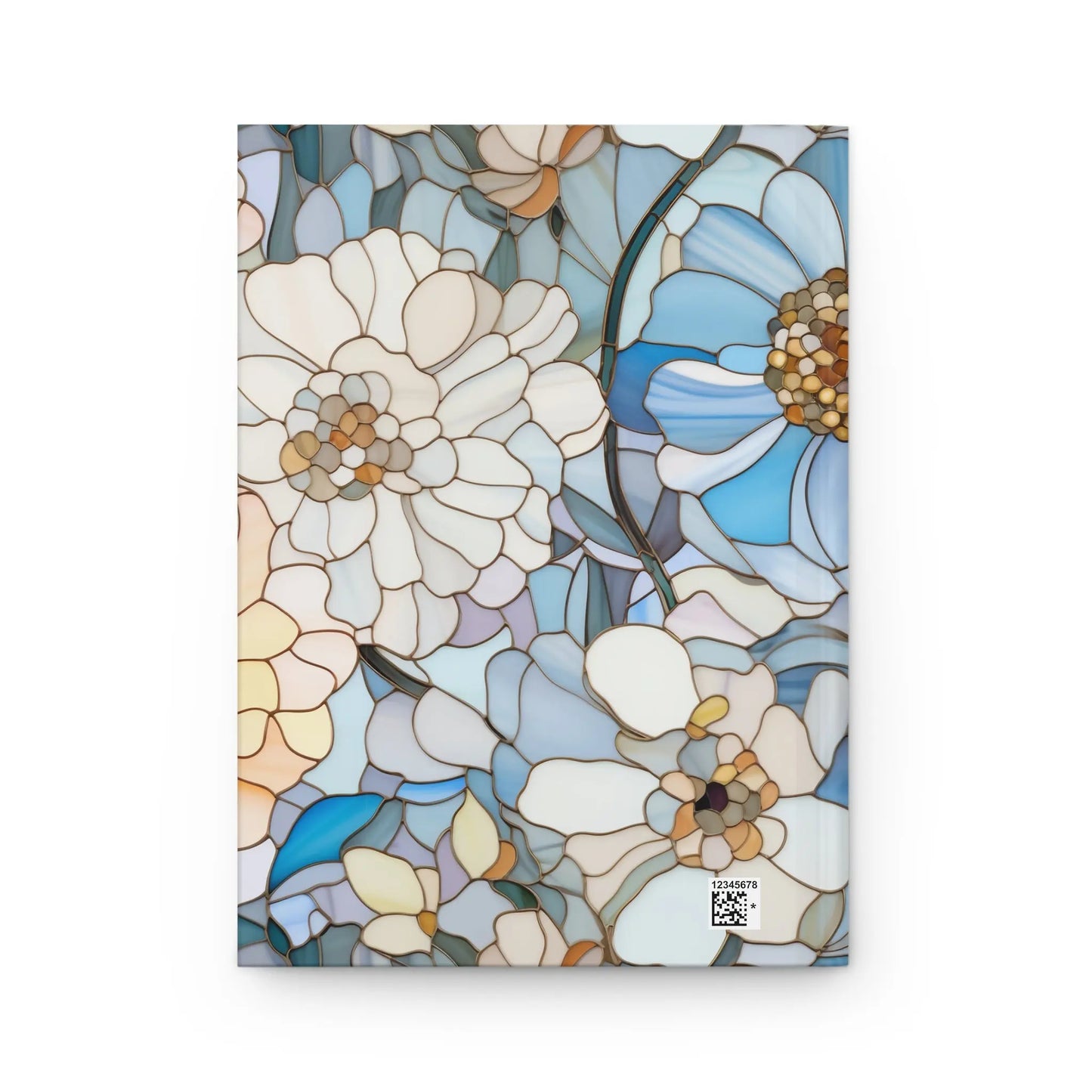 The Stained Glass Flowers Hardcover Journal features intricate blue, white, and cream floral artwork on a light background with a small QR code at the bottom for a custom touch.