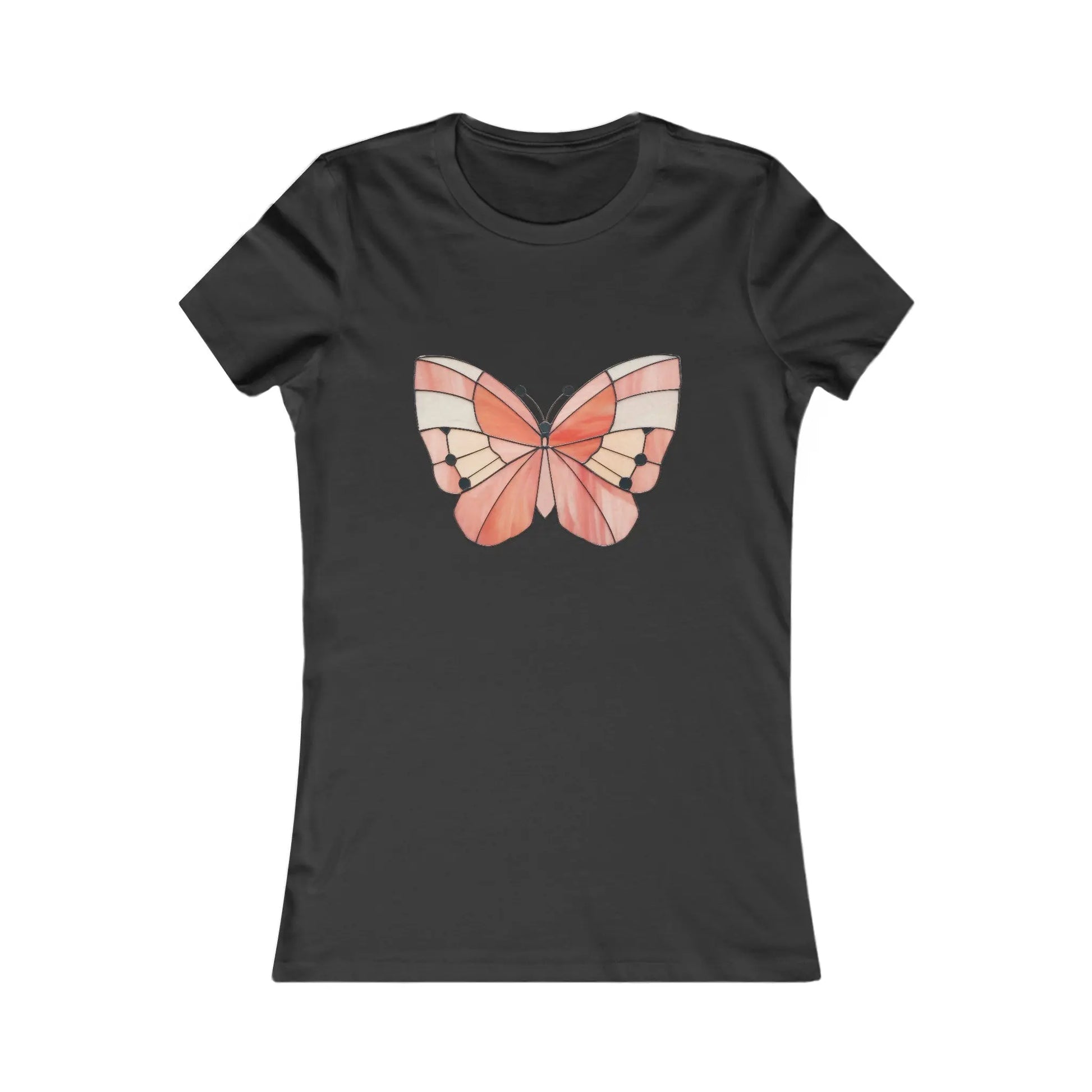 The Stained Glass Spring Butterfly Womens Tee Shirt showcases a black base with a front graphic of a stained glass butterfly in peach, cream, and pink hues, featuring a symmetrical geometric design for added flair and comfort.