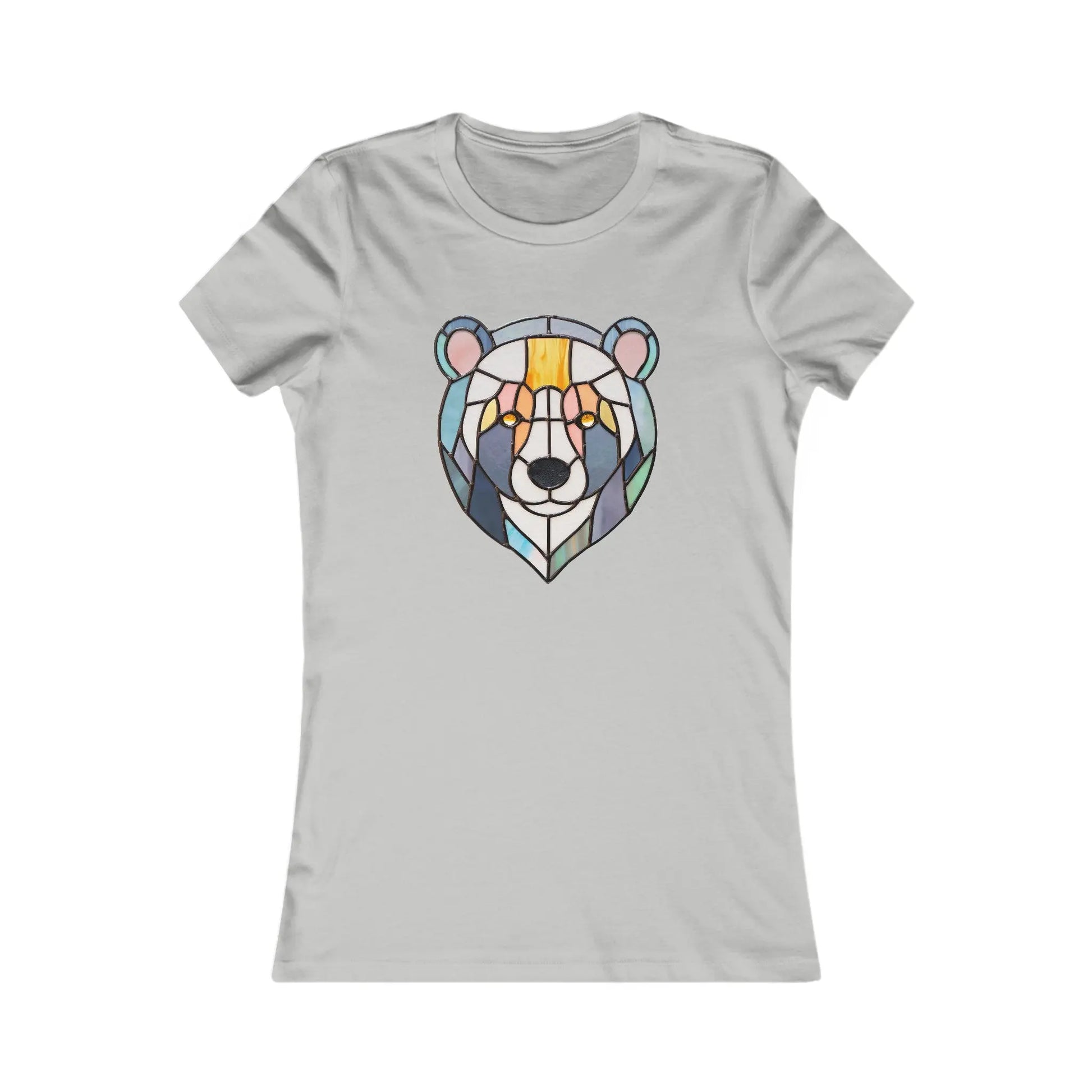The Stained Glass Patchwork Bear Womens Tee Shirt is a sustainable light gray t-shirt featuring original artwork of a bear face with geometric shapes and multicolored patches in blue, orange, and gray, creating a unique stained glass effect.