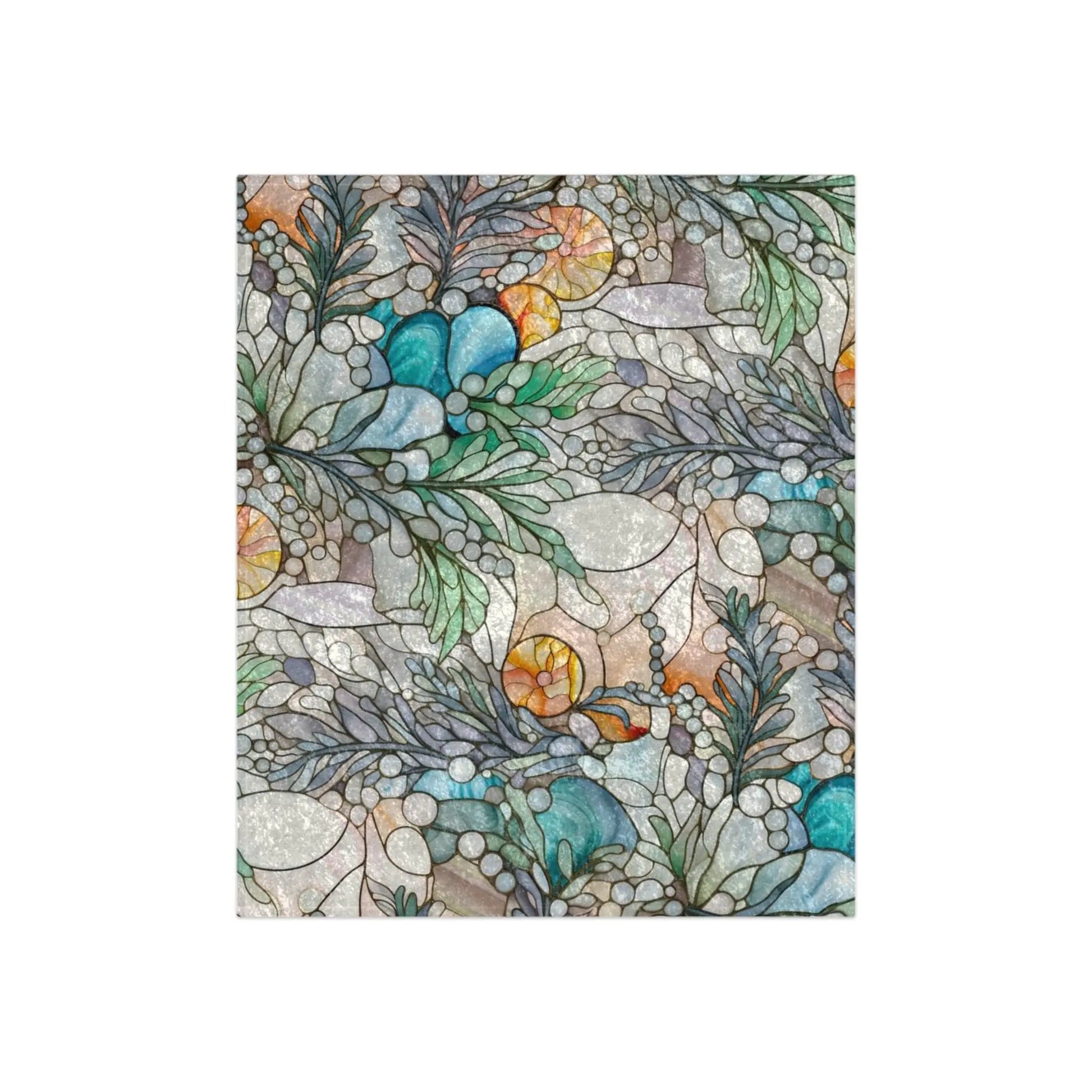 The Stained Glass Rainbow Ferns Forest Crushed Velvet Blanket - 50x60 features abstract artwork with swirling patterns of leaves, stones, and shells in muted tones of blue, green, orange, and gray, resembling stained glass for a layered and textured look.
