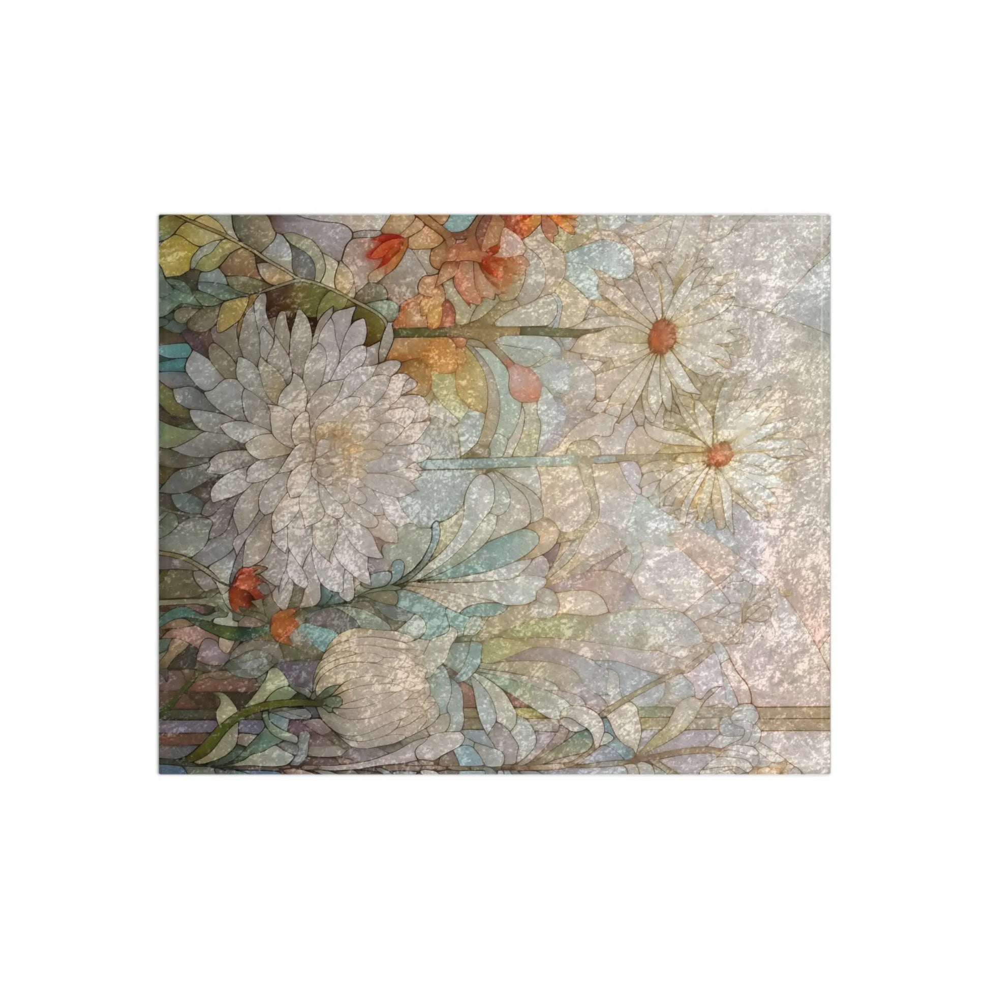 The Stained Glass Spring Flowers Crushed Velvet & Fleece Blanket - 50x60 features a textured watercolor design of white and pale orange flowers with green leaves on a pastel background, evoking a dreamy and serene atmosphere.
