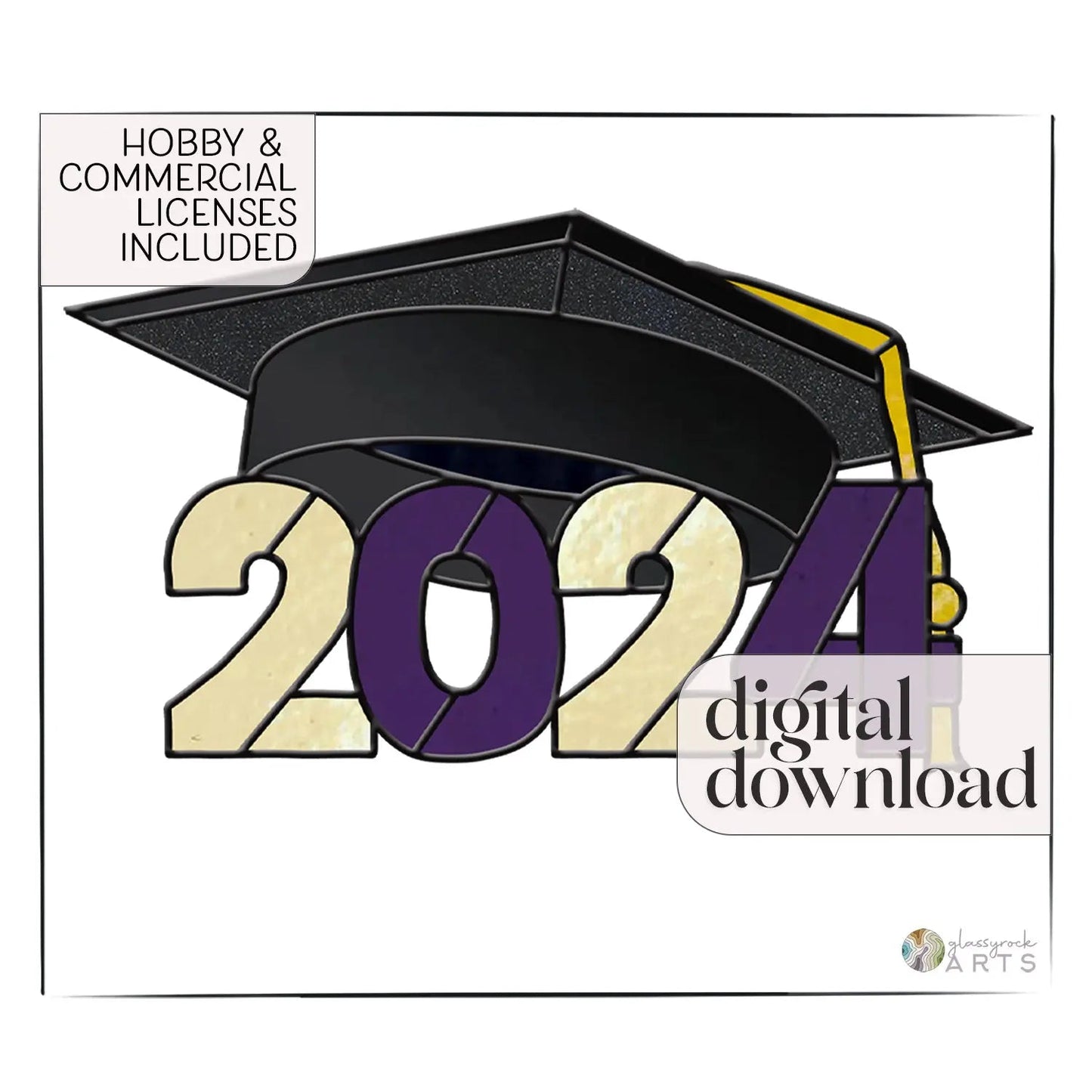 The Class of 2024 Graduate Cap stained glass pattern, designed by Noelle Barnes, features 2024 in bold with a cap on the 0, plus text saying Hobby & Commercial Licenses Included and Digital Download.