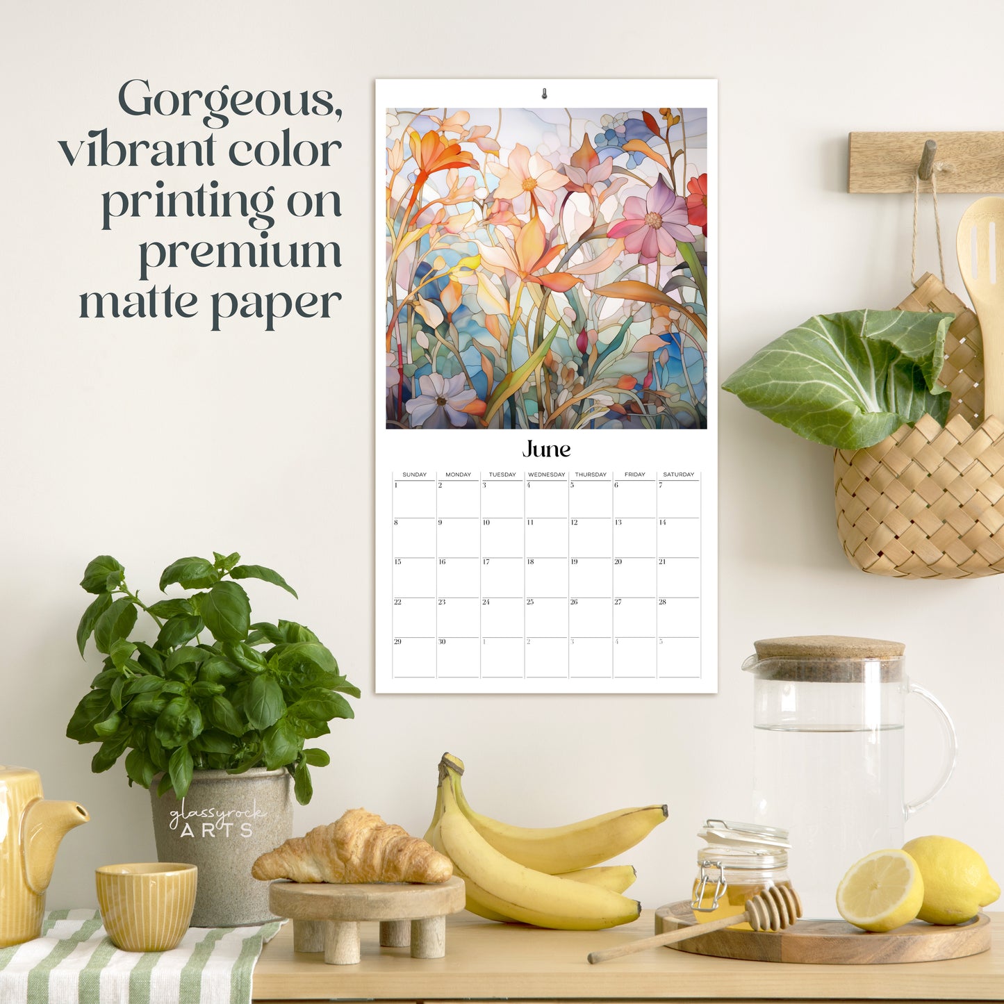An image of the Stained Glass Botanicals 2025 Wall Calendar, 9.5x17.25 inch, by GlassyRock Arts