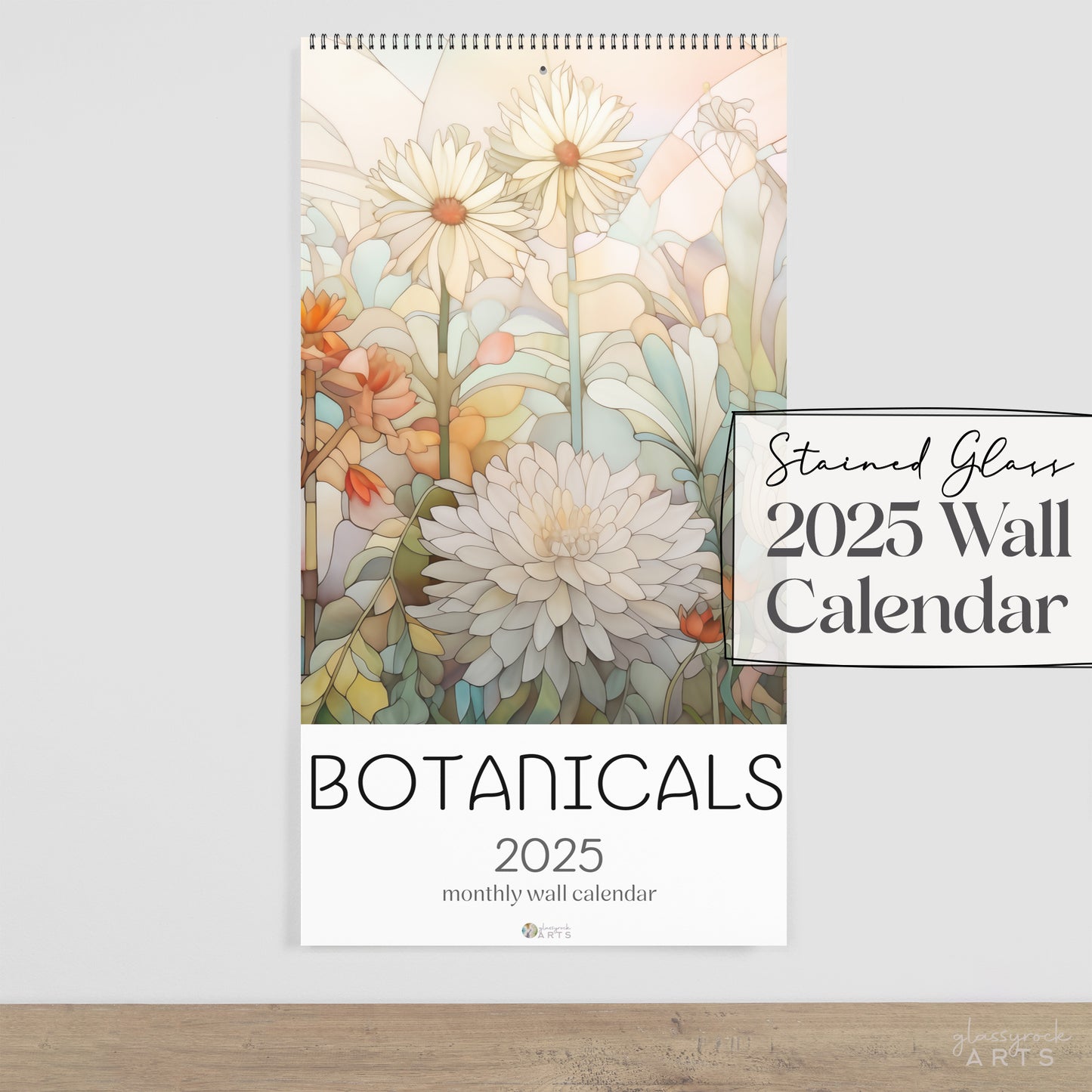 An image of the Stained Glass Botanicals 2025 Wall Calendar, 9.5x17.25 inch, by GlassyRock Arts