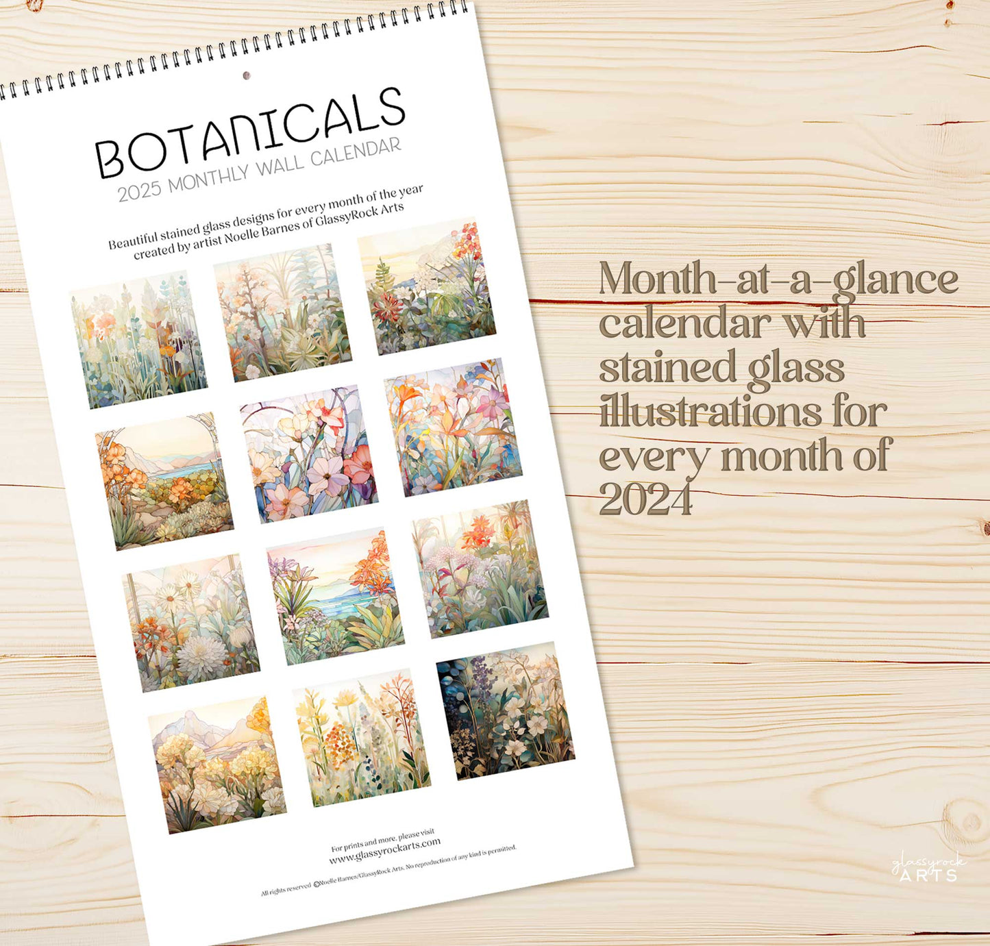 An image of the Stained Glass Botanicals 2025 Wall Calendar, 9.5x17.25 inch, by GlassyRock Arts