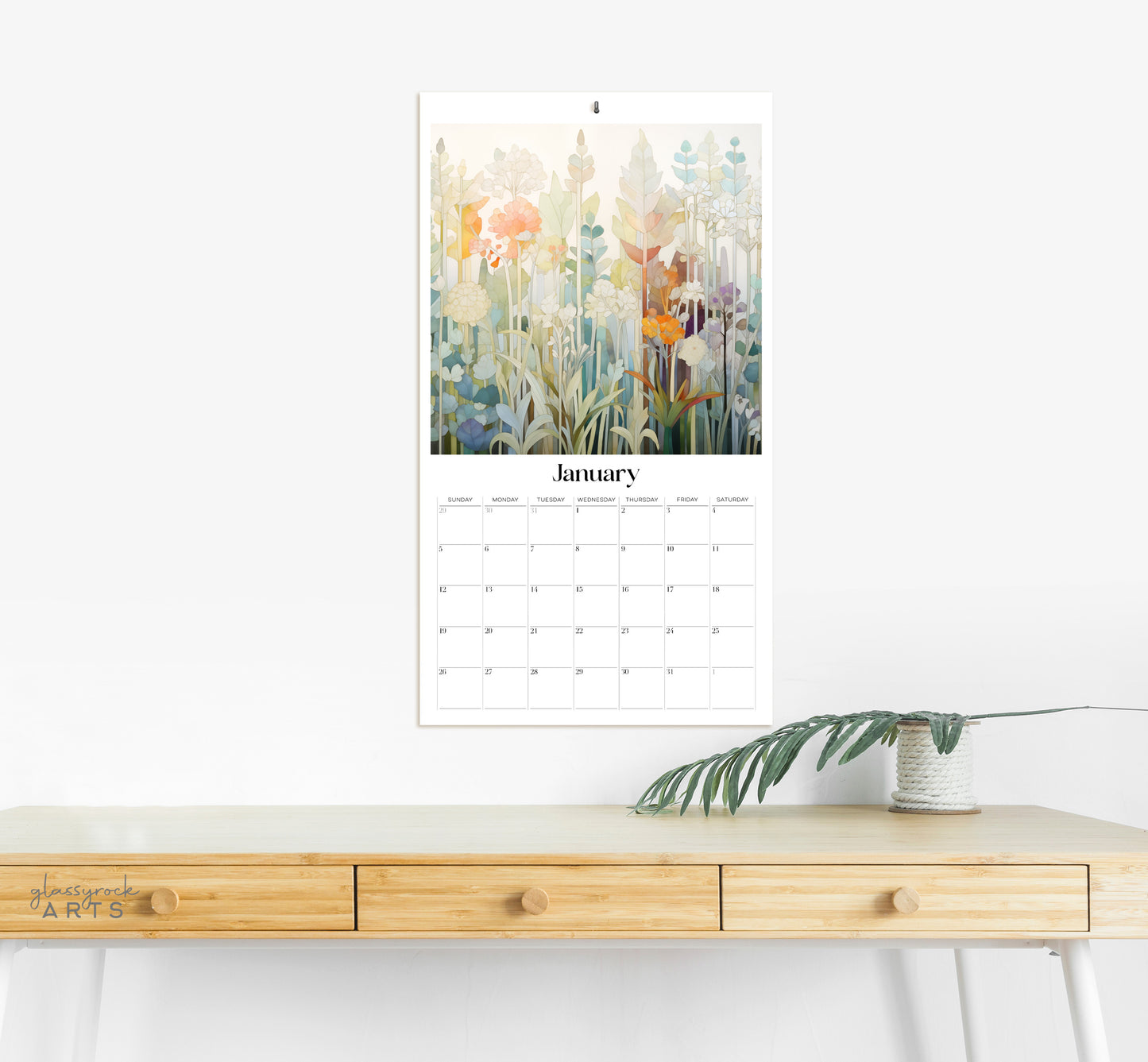 An image of the Stained Glass Botanicals 2025 Wall Calendar, 9.5x17.25 inch, by GlassyRock Arts