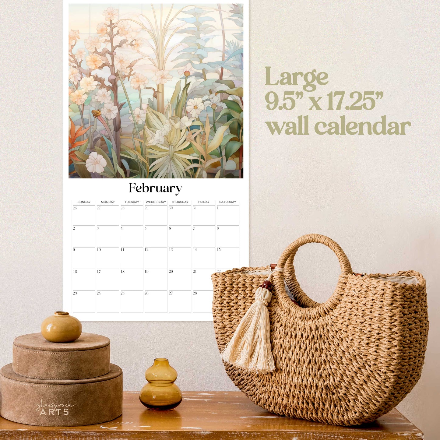 An image of the Stained Glass Botanicals 2025 Wall Calendar, 9.5x17.25 inch, by GlassyRock Arts