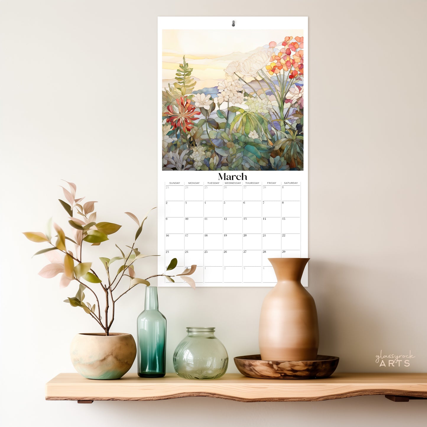 An image of the Stained Glass Botanicals 2025 Wall Calendar, 9.5x17.25 inch, by GlassyRock Arts