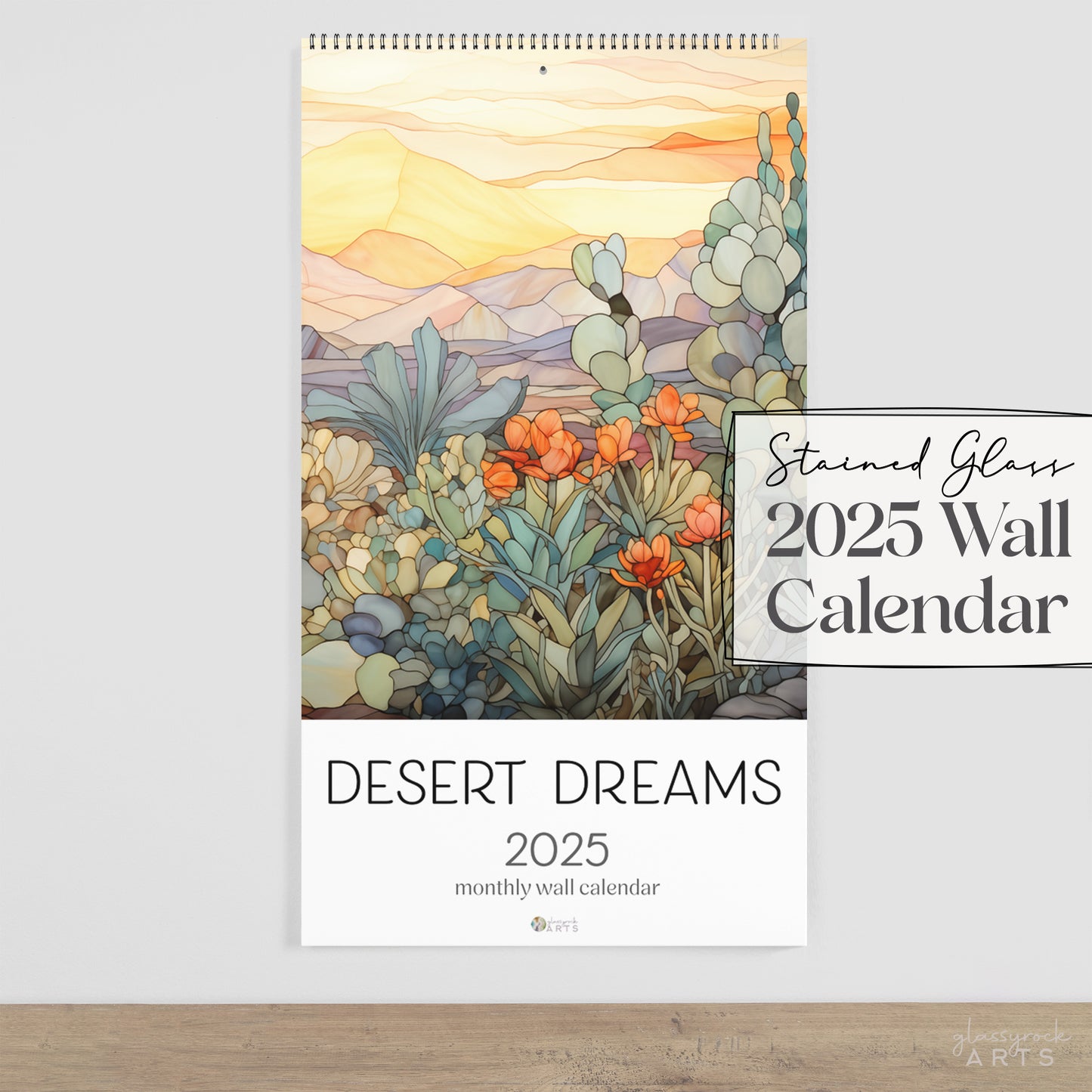 An image of the Stained Glass Desert Landscapes 2025 Wall Calendar, 9.5x17.25 inch, by GlassyRock Arts