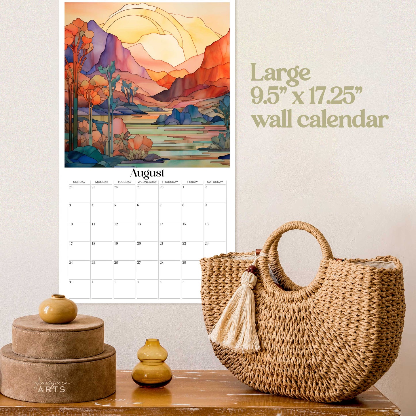 An image of the Stained Glass Desert Landscapes 2025 Wall Calendar, 9.5x17.25 inch, by GlassyRock Arts