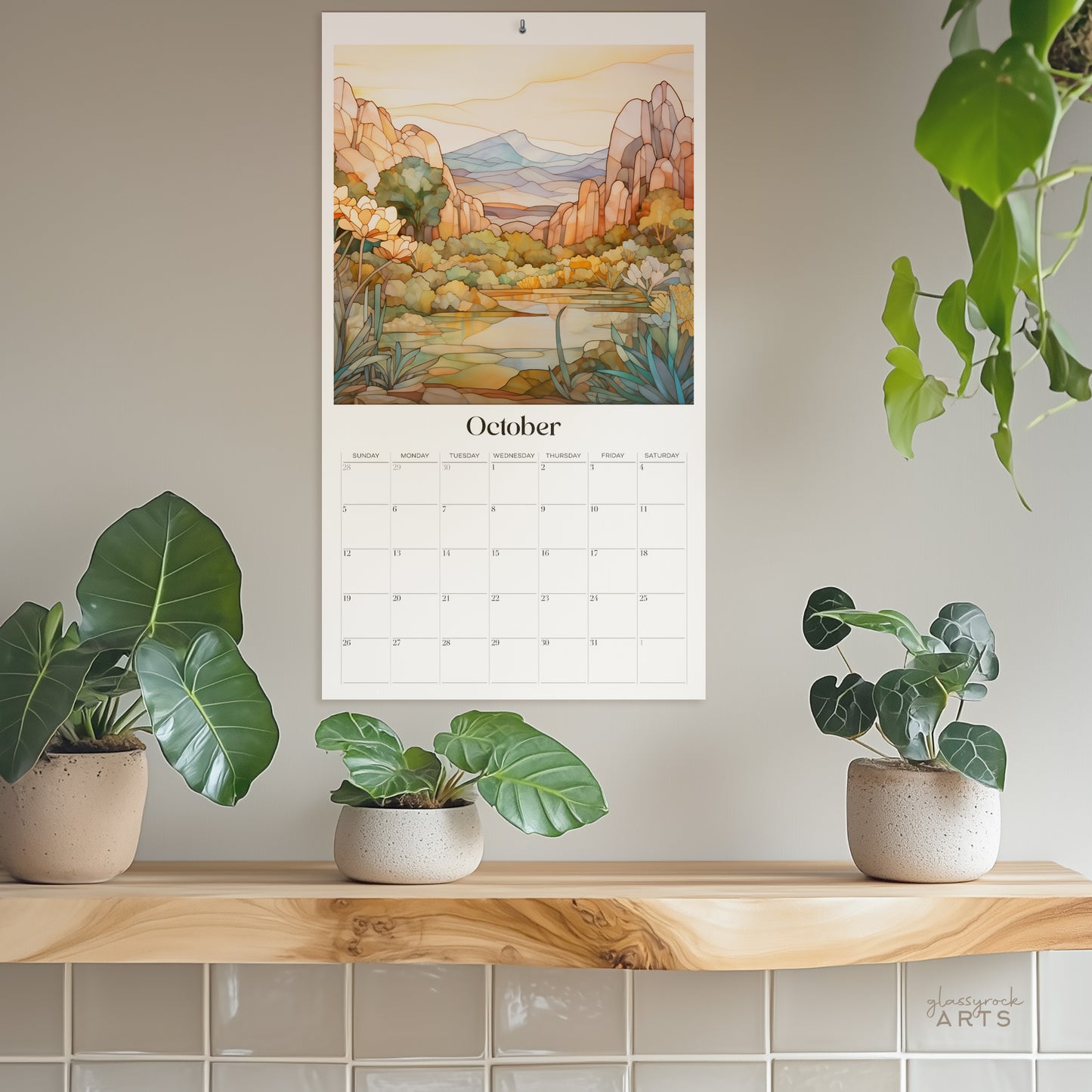An image of the Stained Glass Desert Landscapes 2025 Wall Calendar, 9.5x17.25 inch, by GlassyRock Arts