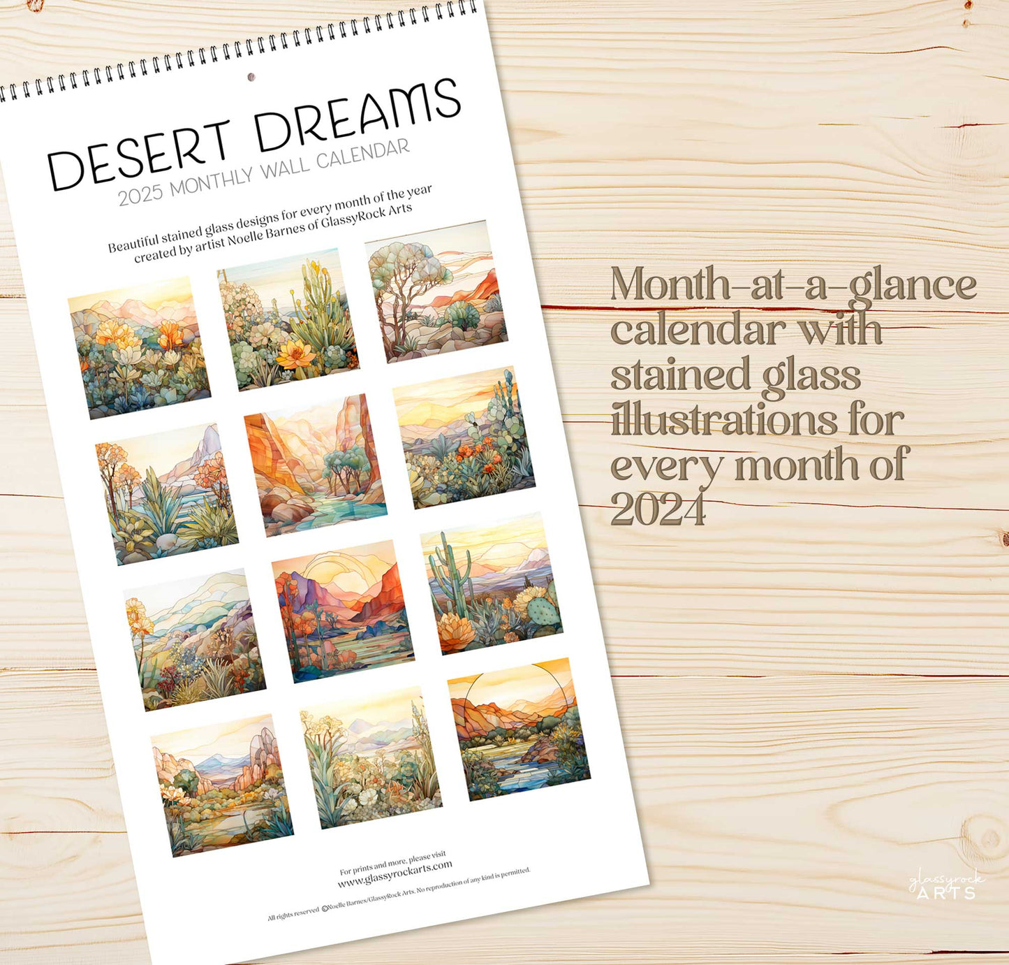 An image of the Stained Glass Desert Landscapes 2025 Wall Calendar, 9.5x17.25 inch, by GlassyRock Arts