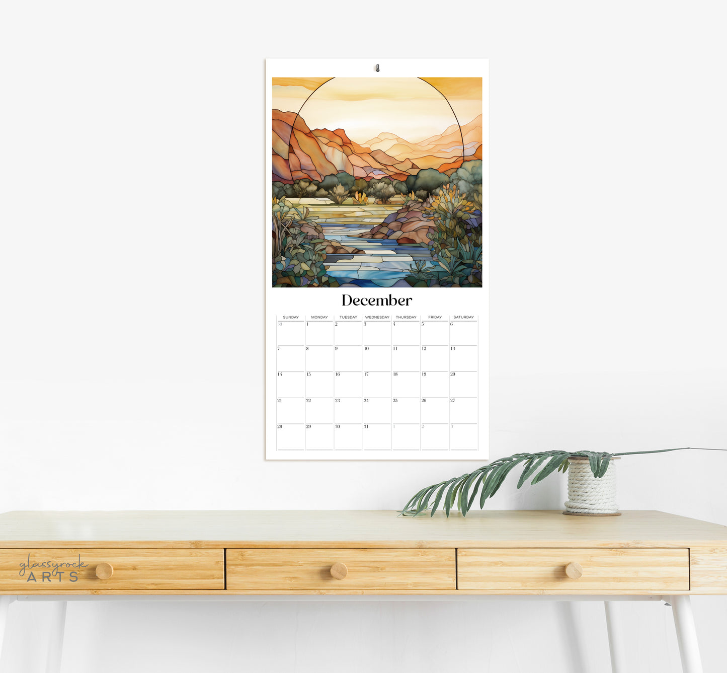 An image of the Stained Glass Desert Landscapes 2025 Wall Calendar, 9.5x17.25 inch, by GlassyRock Arts