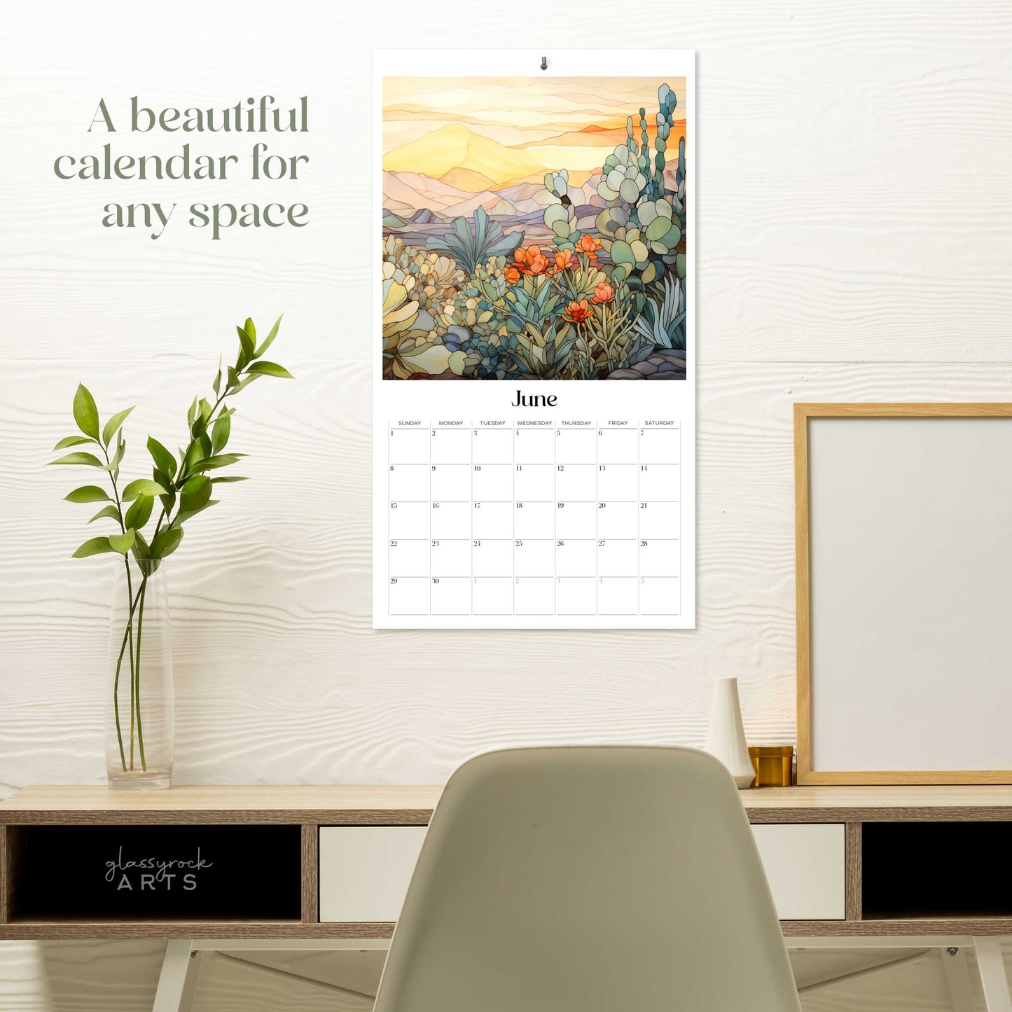 An image of the Stained Glass Desert Landscapes 2025 Wall Calendar, 9.5x17.25 inch, by GlassyRock Arts