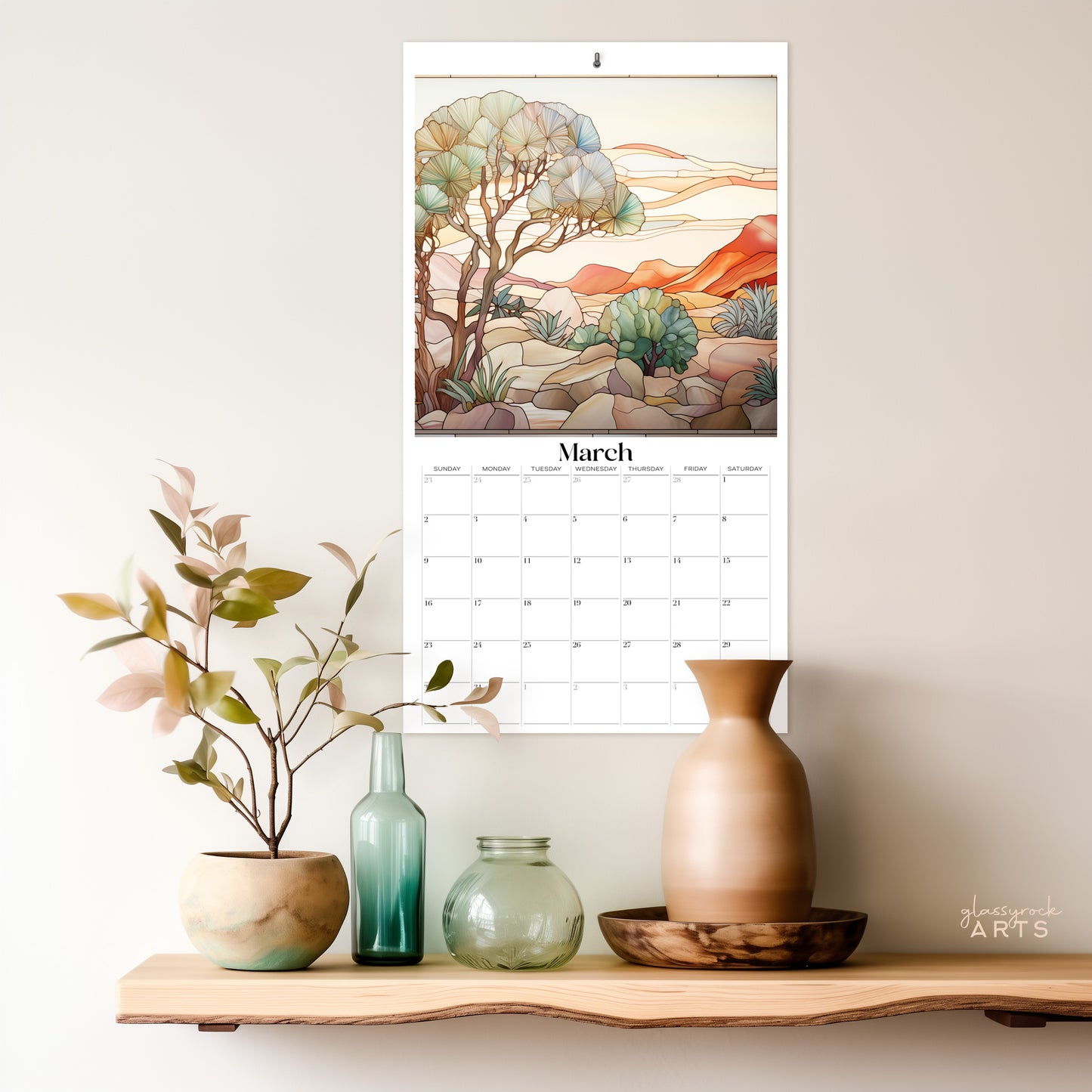 An image of the Stained Glass Desert Landscapes 2025 Wall Calendar, 9.5x17.25 inch, by GlassyRock Arts