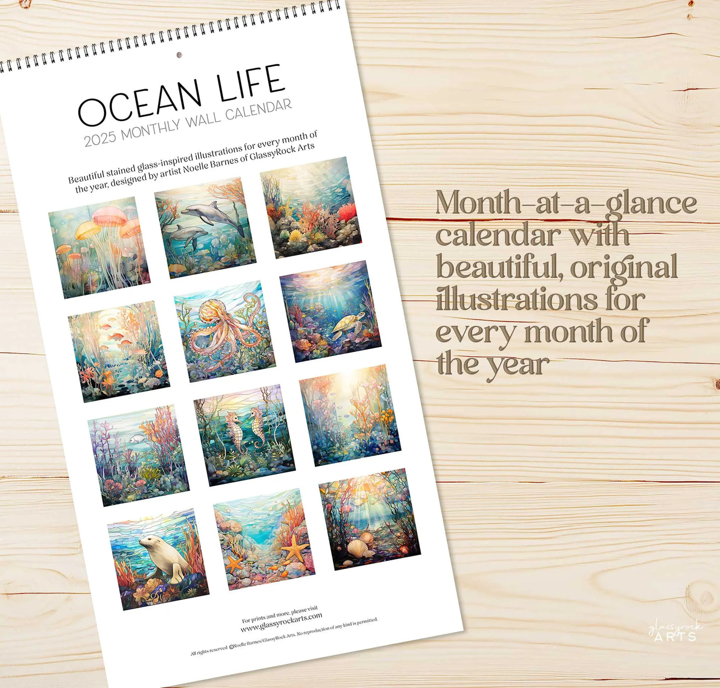 The 2025 Ocean Life Large Wall Calendar showcases stunning stained glass-style ocean-themed art each month, with the cover featuring twelve preview images of fish, coral, and marine life to bring underwater beauty to your space.