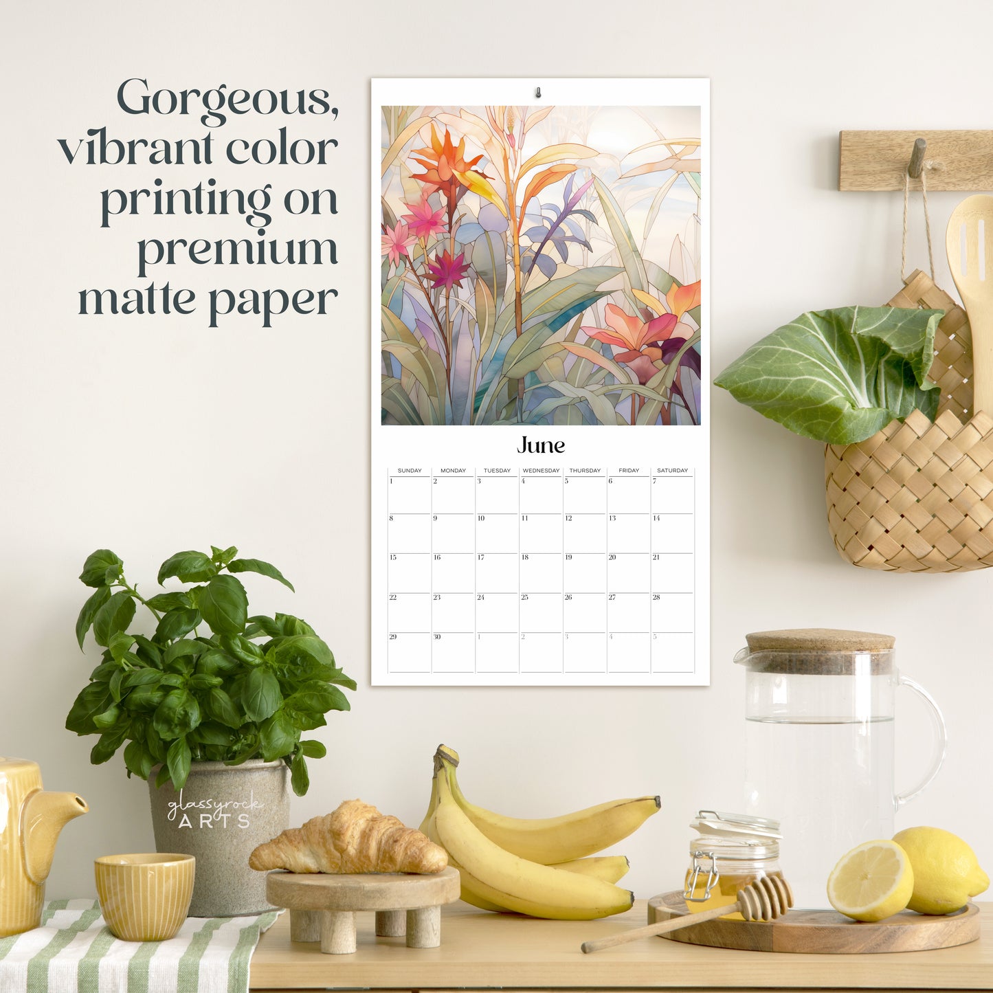 An image of the Stained Glass Tropical Flowers 2025 Wall Calendar, 9.5x17.25 inch, by GlassyRock Arts