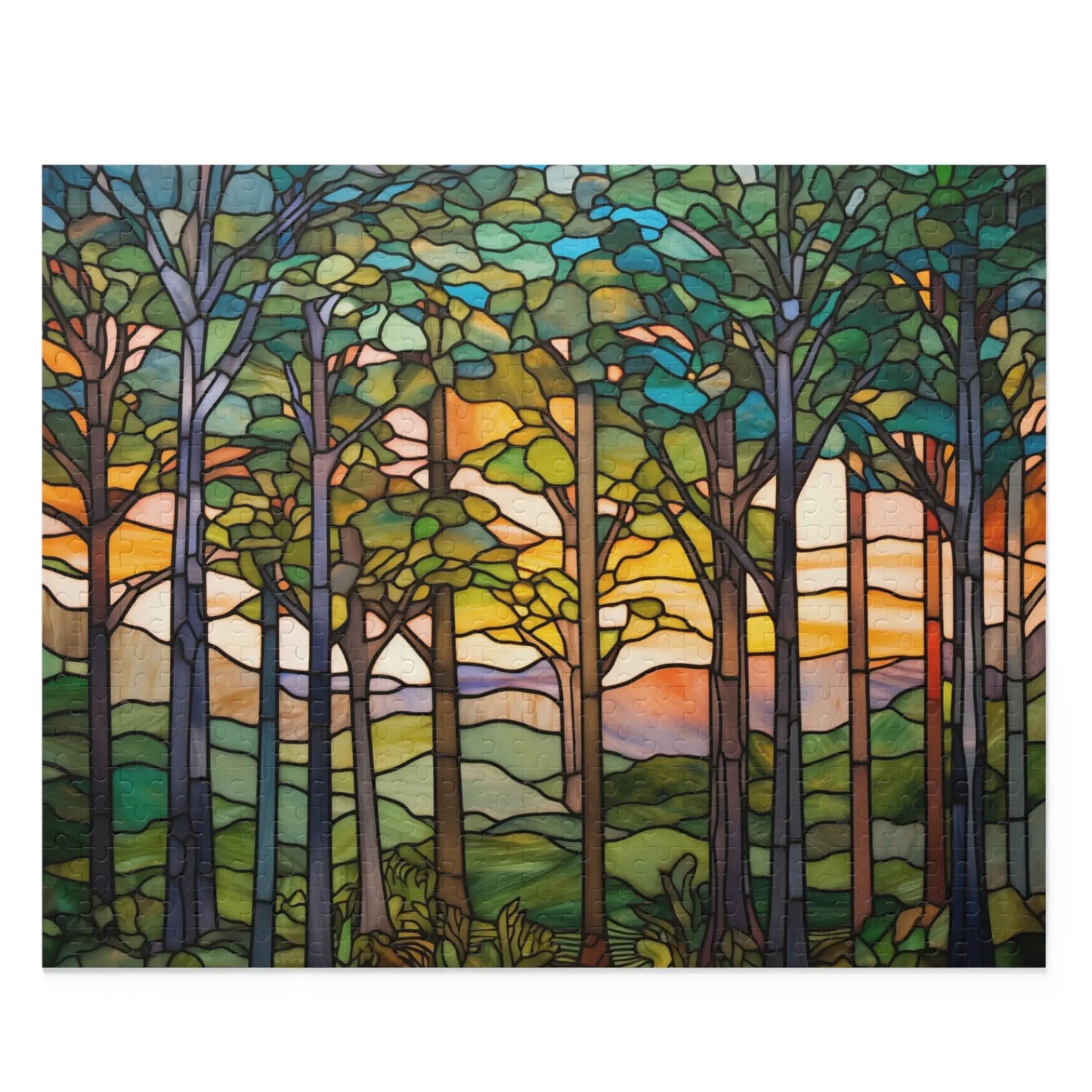 The Sunset Forest Jigsaw Puzzle is perfect for nature lovers, featuring vibrant stained glass artwork of a sunset forest with tall trees and colorful foliage against rolling hills in mosaic hues of orange, pink, and green.