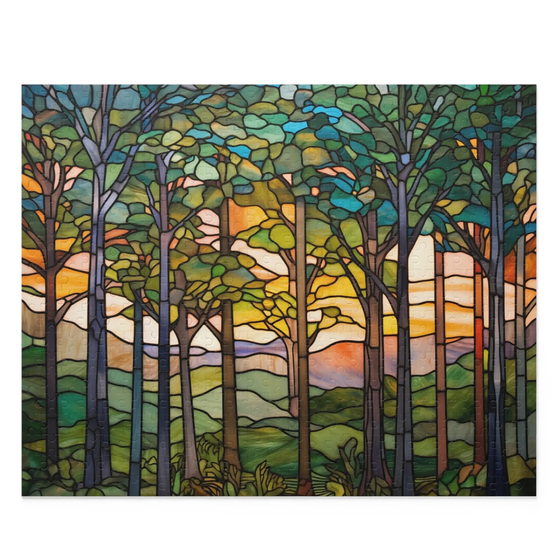The Sunset Forest Jigsaw Puzzle is perfect for nature lovers, featuring vibrant stained glass artwork of a sunset forest with tall trees and colorful foliage against rolling hills in mosaic hues of orange, pink, and green.