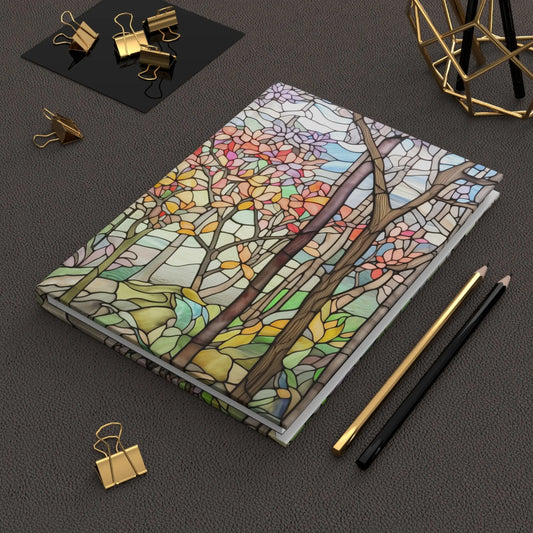 A picture of the Stained Glass Spring Forest Hardcover Journal from GlassyRock Arts.