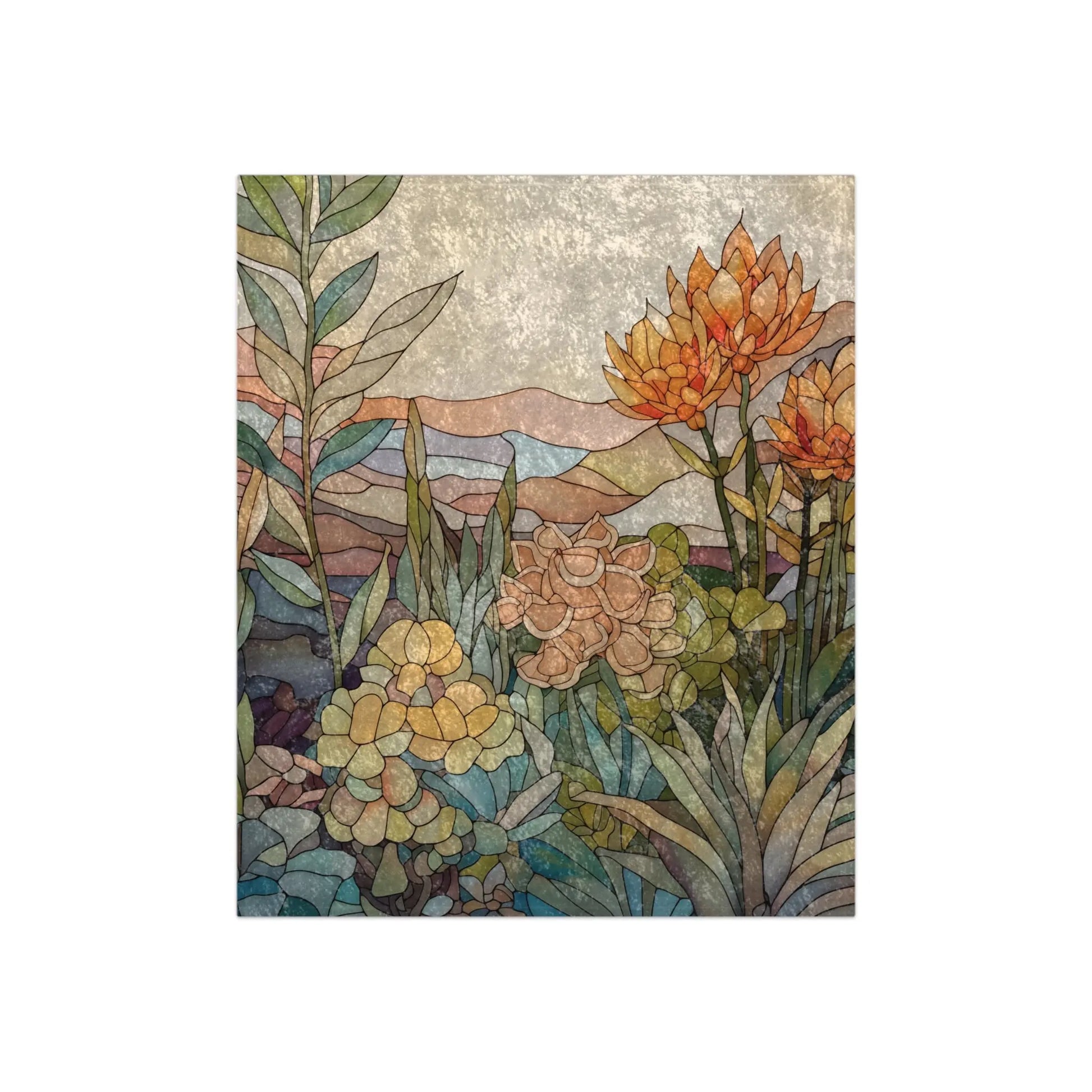 The Stained Glass Succulents Crushed Velvet Blanket - 50x60 showcases a garden of lush succulents in warm, earthy tones, creating a mosaic against abstract hills under a soft sky, evoking the cozy feel of fleece on relaxing afternoons.