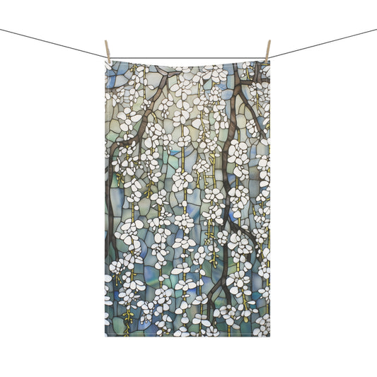 Stained Glass White Wisteria Kitchen Towel - 18x30"