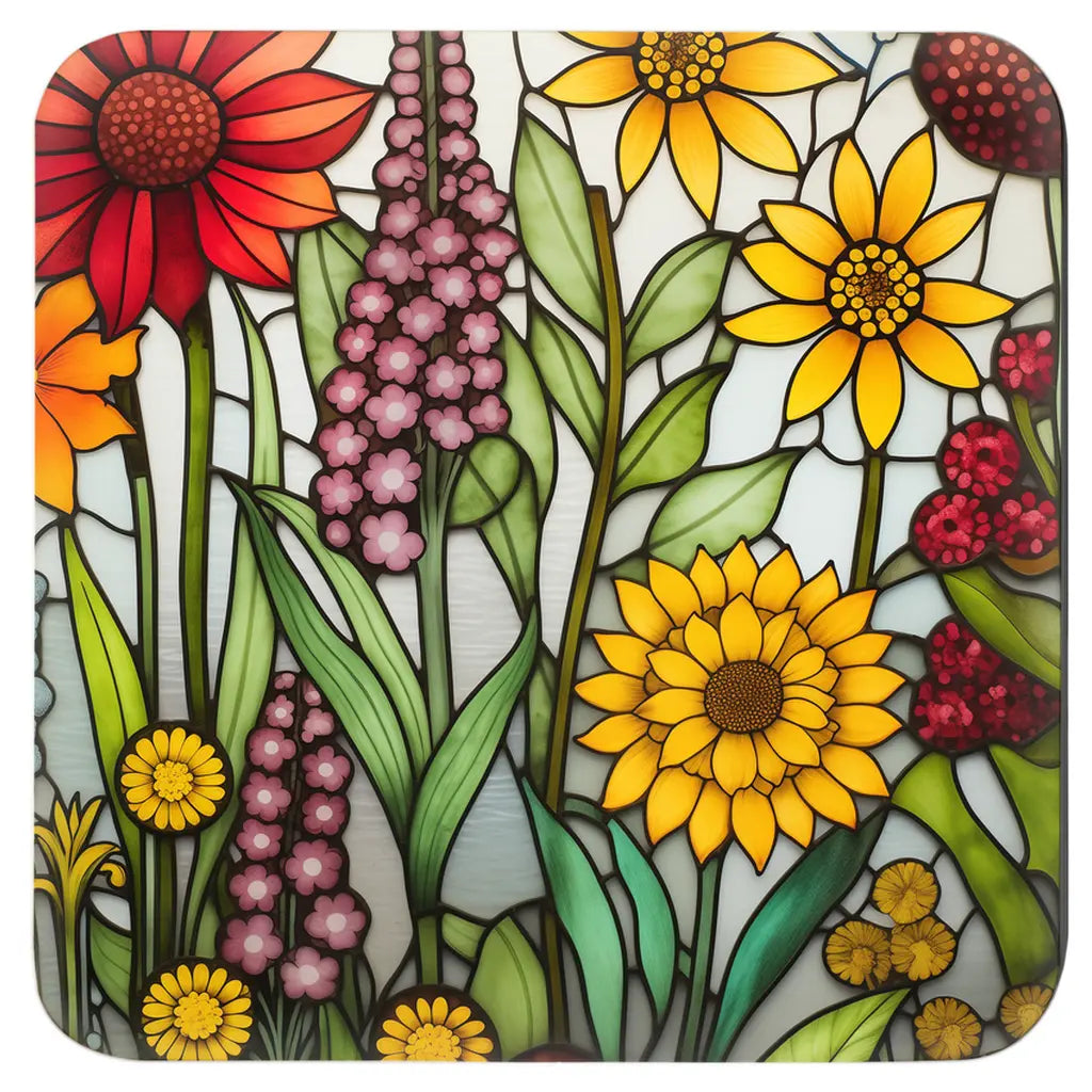 A picture of the Stained Glass Folk Art Flower Garden Coasters from GlassyRock Arts.