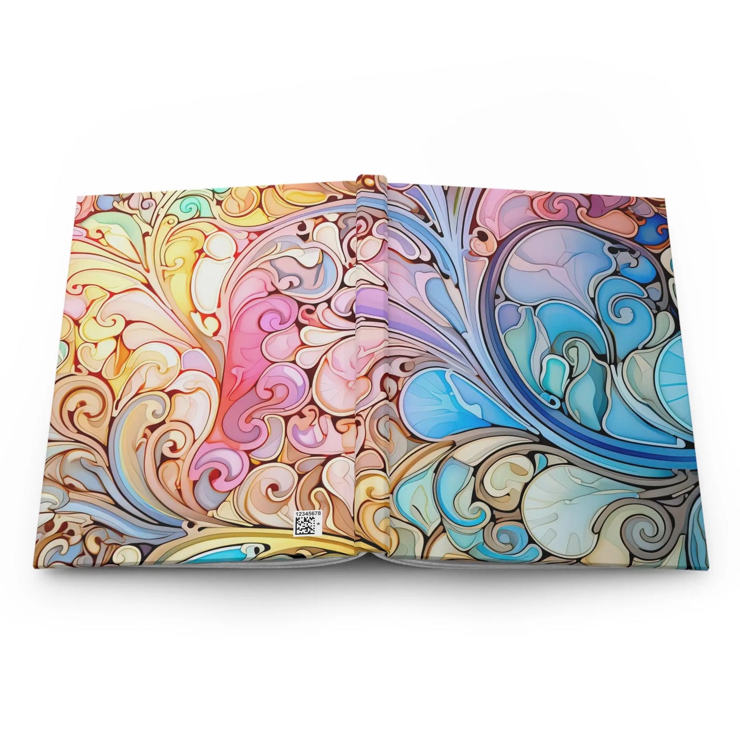 The Rainbow Paisley Stained Glass Hardcover Journal features vibrant swirling abstract designs. The left page showcases warm hues like yellow and pink, while the right contrasts with cooler shades of blue and purple, offering a harmonious blend reminiscent of stained glass art.