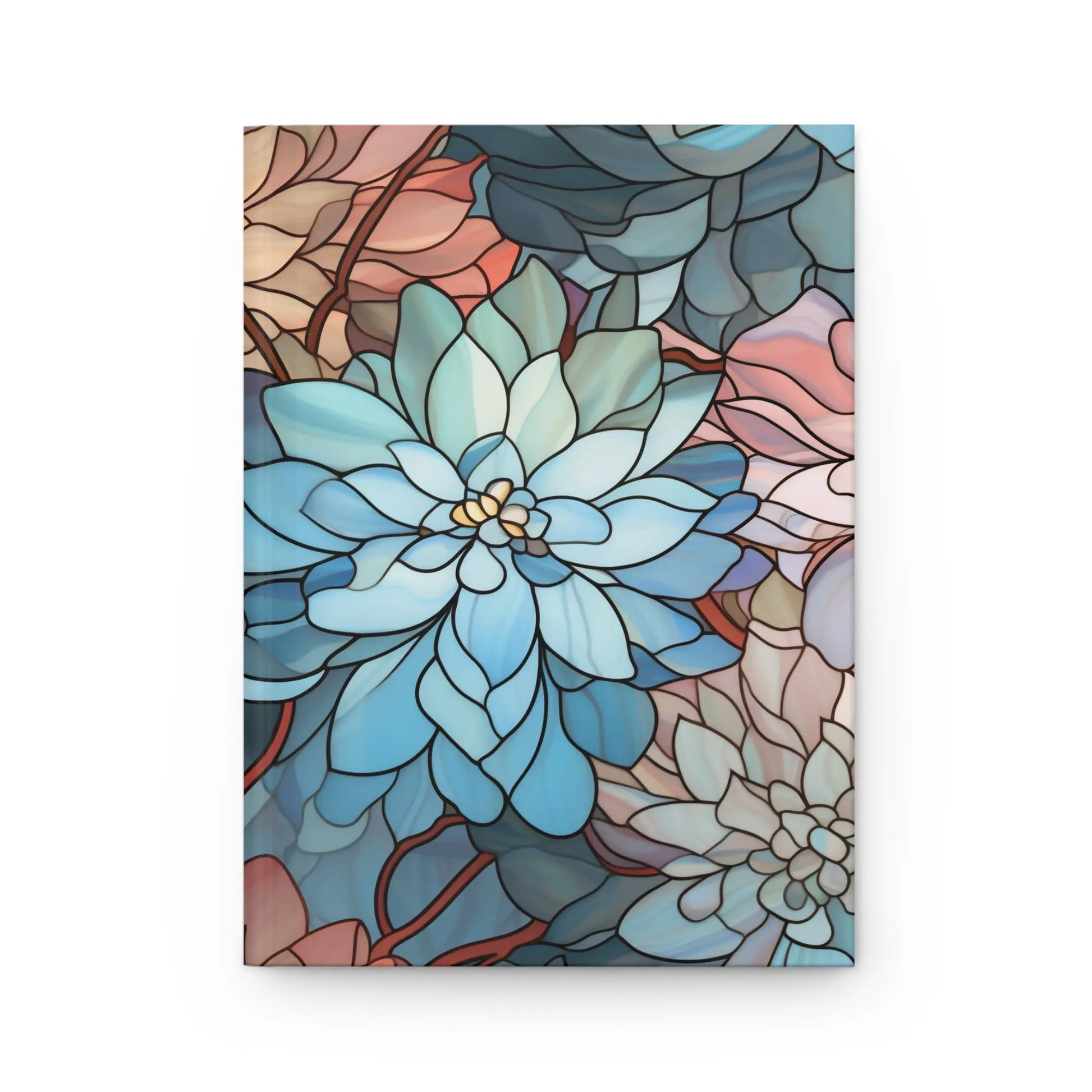 The Stained Glass Dark Flowers Hardcover Journal captures natures beauty with its intricate design of large, overlapping flowers in shades of blue, pink, and green. The unique piece features detailed lines and a translucent effect reminiscent of custom stained glass art.