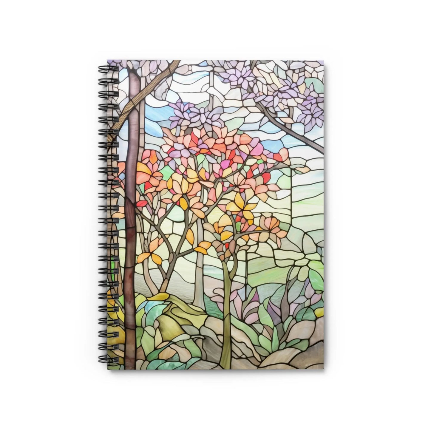 The Stained Glass Spring Forest Lined Spiral Notebook features a stained glass cover with colorful trees and natural scenery in red, orange, purple, and green. Perfect for journaling or as an artistic gift for any creative spirit.