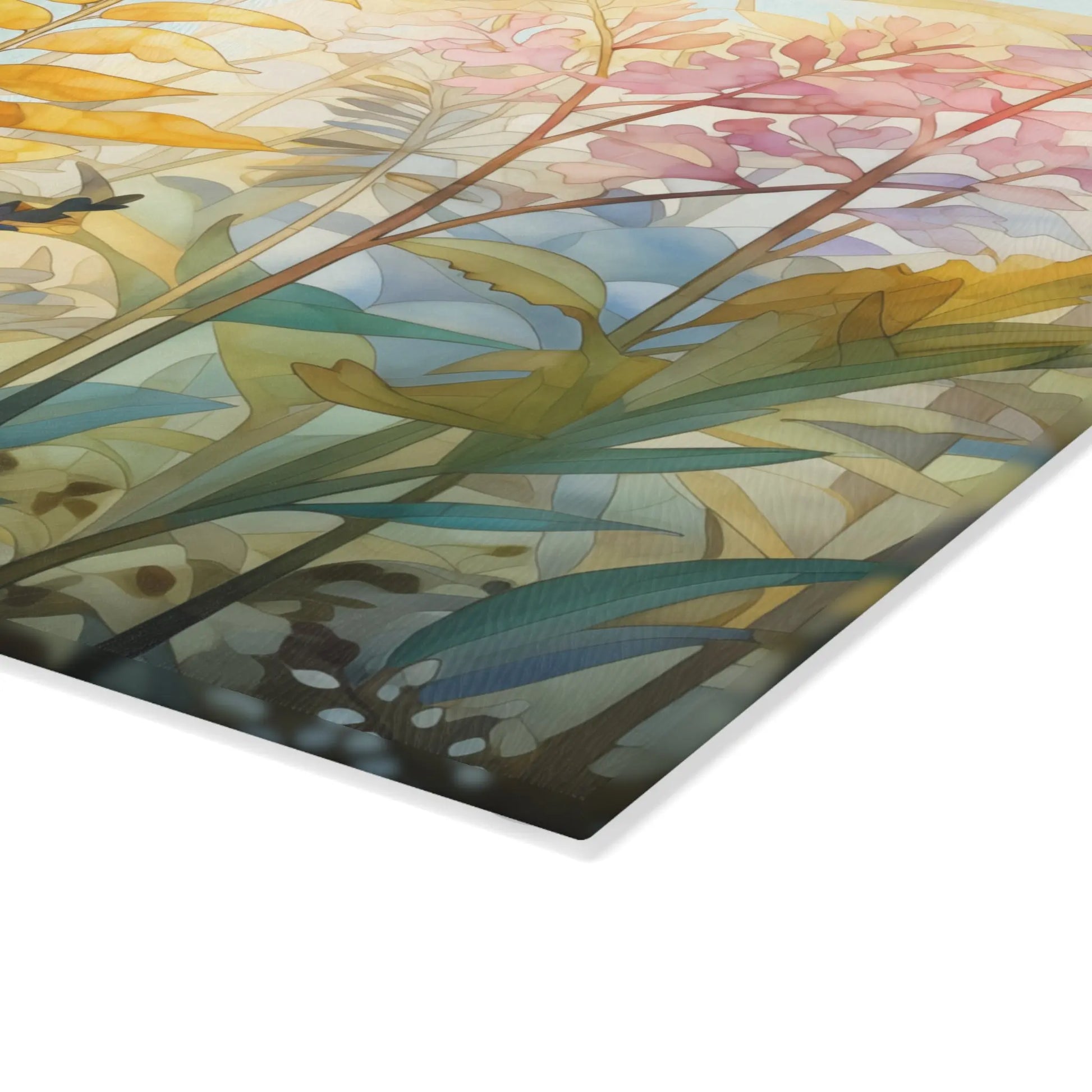 Abstract painting of colorful flowers and leaves inspired by a garden, with shades of pink, yellow, green, and blue. Resembling a stained glass design, the edges stand out on a white background. Named Stained Glass Pastel Ferns, this cutting board offers depth and texture.