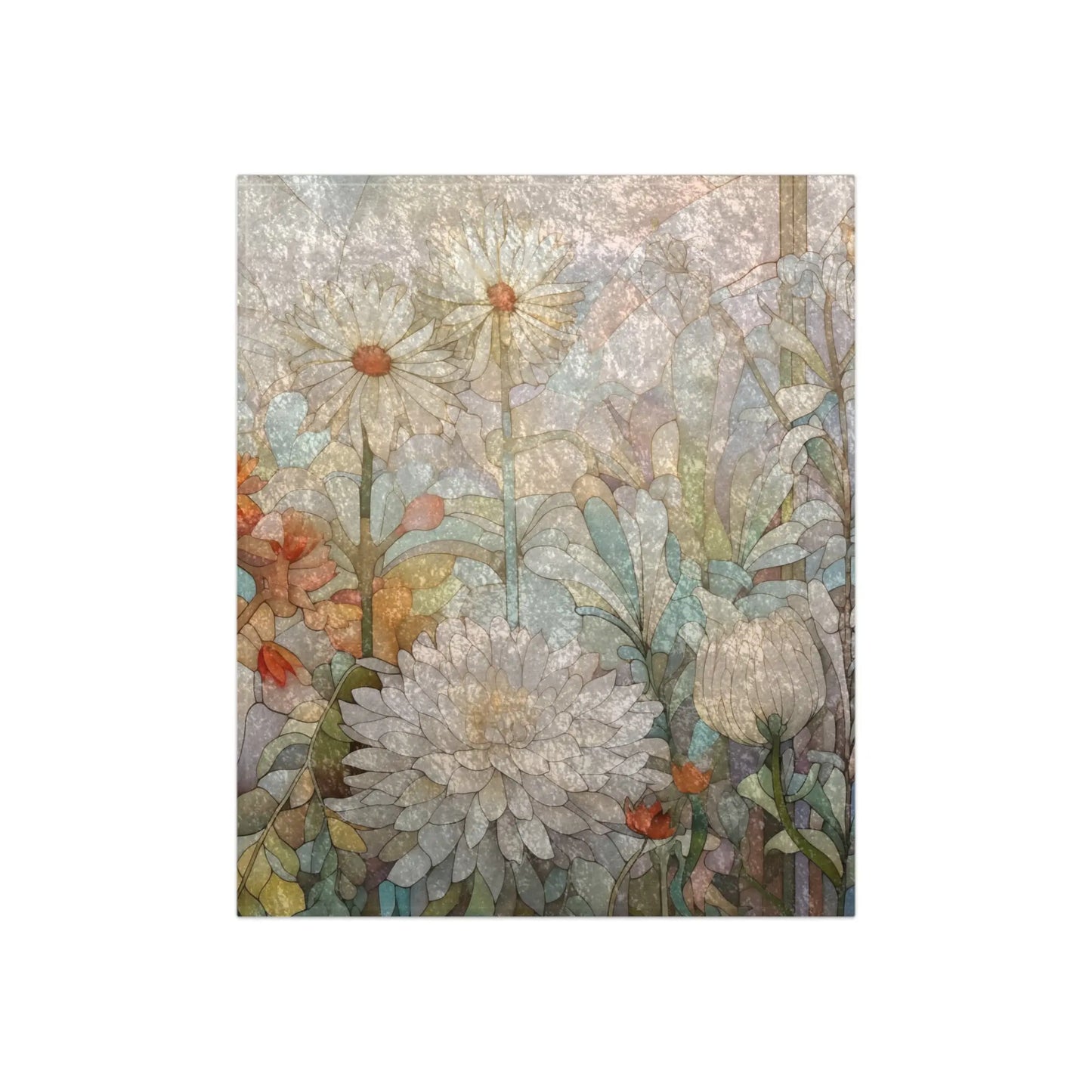The Stained Glass Spring Flowers Crushed Velvet & Fleece Blanket (50x60) features artistic illustrations of wildflowers like daisies and chrysanthemums in pastel shades, designed by a Pacific Northwest artist. The design offers a textured, layered look with muted greens, blues, and warm tones.