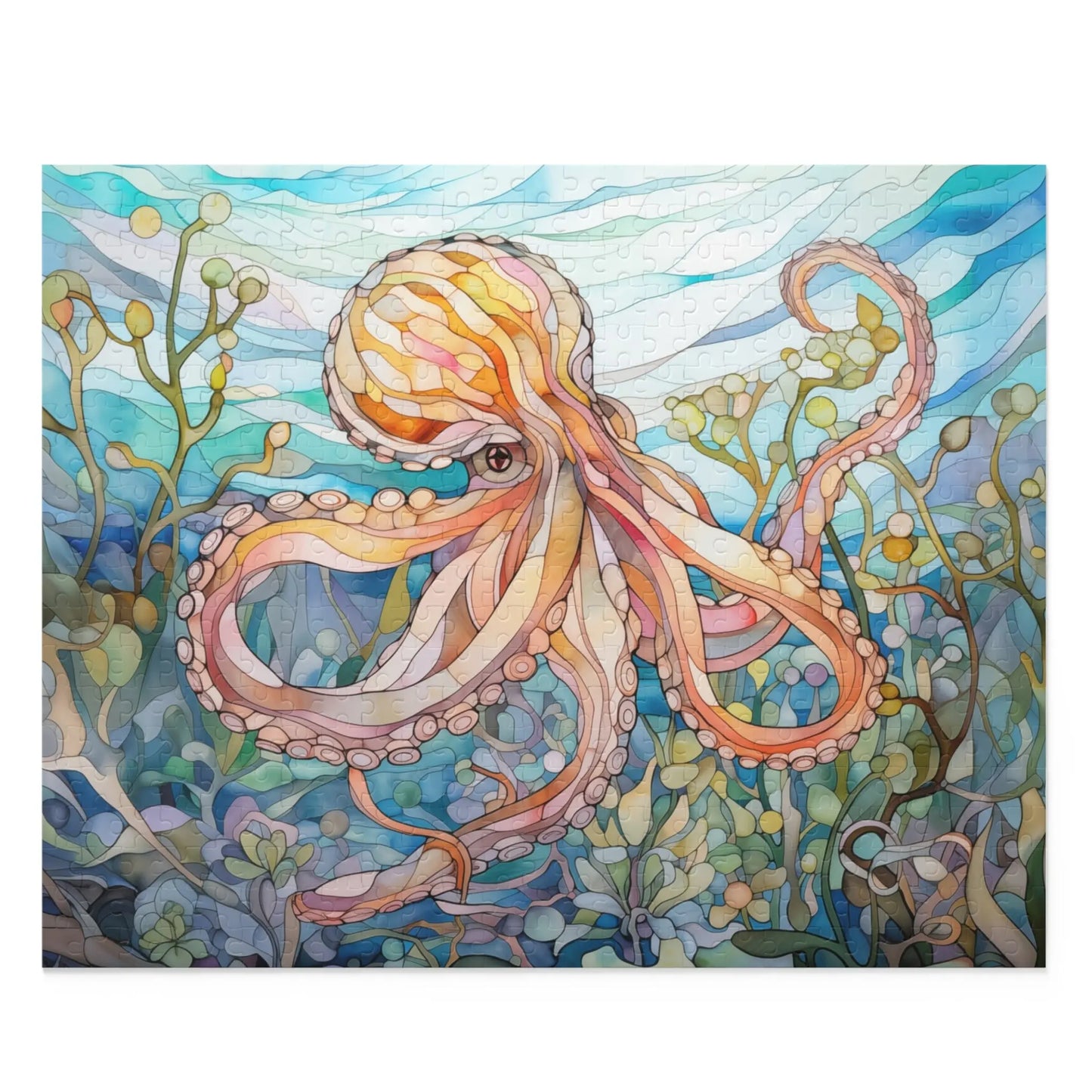 The Stained Glass Octopus Jigsaw Puzzle features a vibrant underwater scene with an octopus and swirling tentacles, complemented by abstract plants and wavy water patterns in blue, green, and orange. This colorful illustration is a perfect ocean art gift.