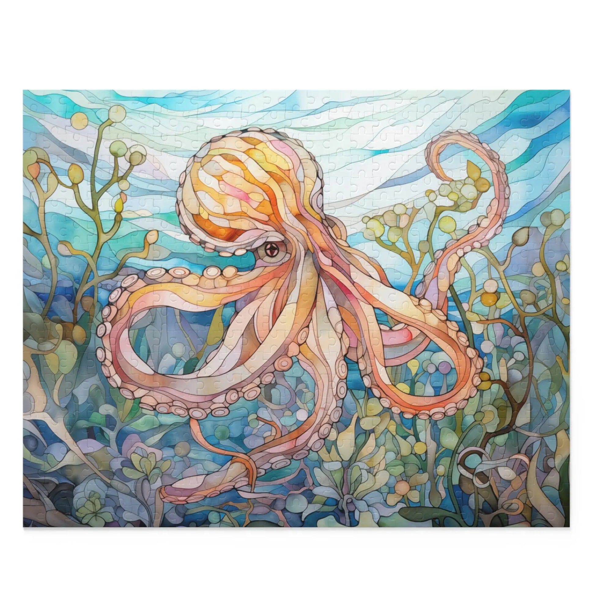 The Stained Glass Octopus Jigsaw Puzzle features a vibrant underwater scene with an octopus and swirling tentacles, complemented by abstract plants and wavy water patterns in blue, green, and orange. This colorful illustration is a perfect ocean art gift.