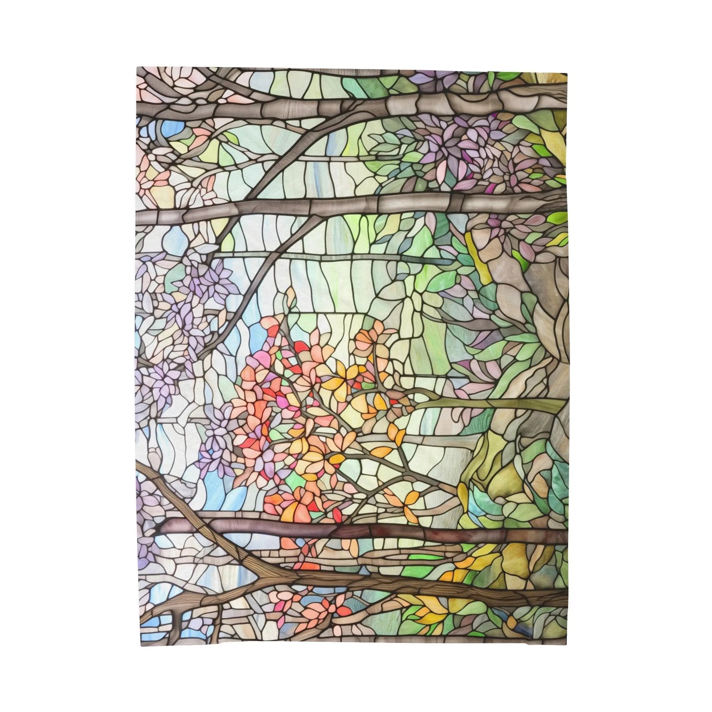 A picture of the Stained Glass Springtime Forest Velveteen Plush Blanket from GlassyRock Arts.
