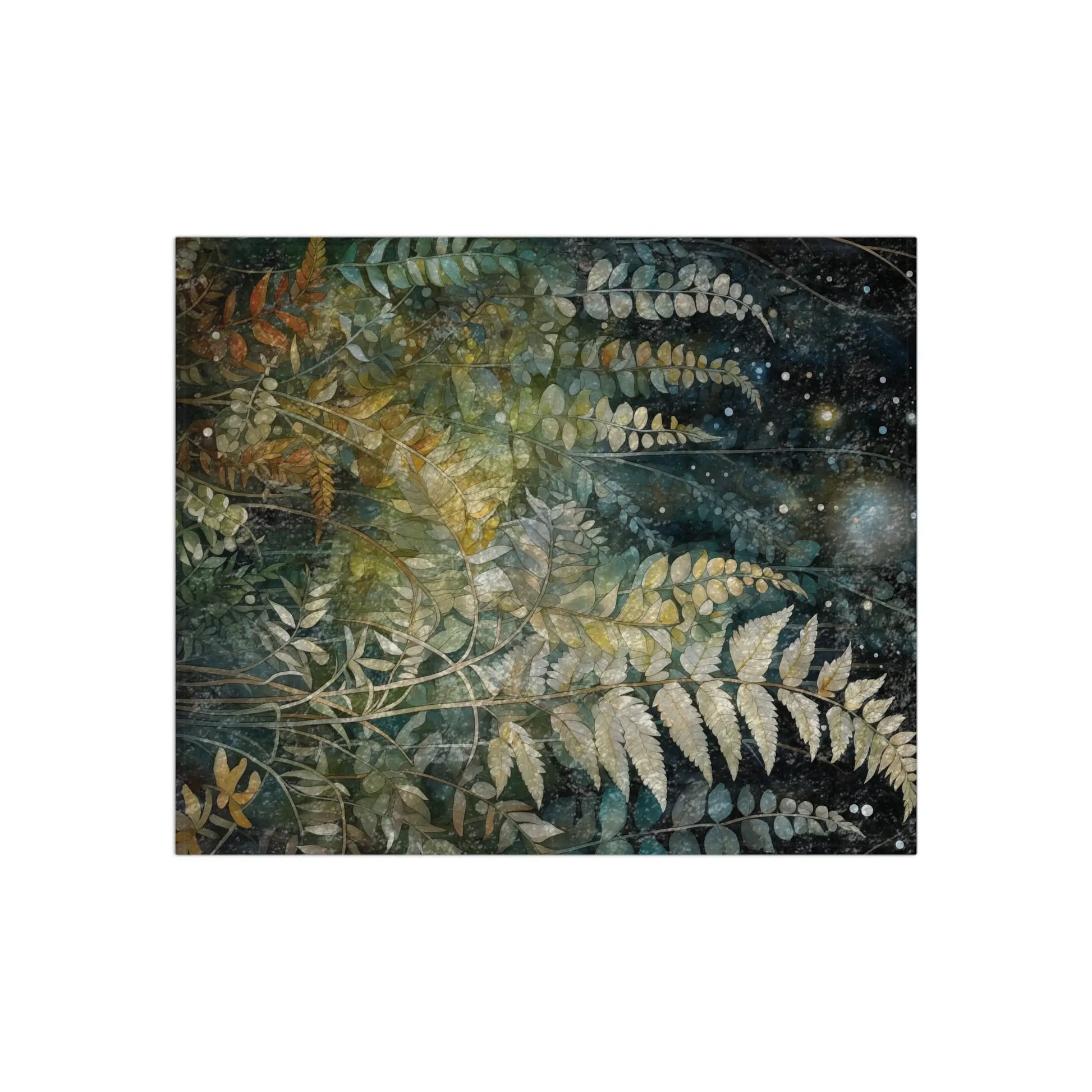 The Stained Glass Midnight Ferns Crushed Velvet Blanket - 50x60 features a mystical design with leafy ferns in green, brown, and white tones. The ethereal background resembles a starry night sky with subtle celestial elements.