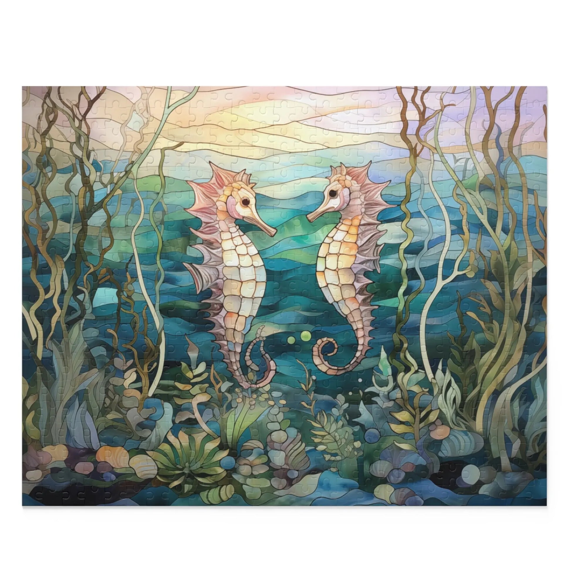 The Stained Glass Seahorses Jigsaw Puzzle features two whimsical seahorses facing each other, surrounded by seaweed and coral. The gradient blues and greens evoke ocean depths, creating a perfect gift for nature lovers.