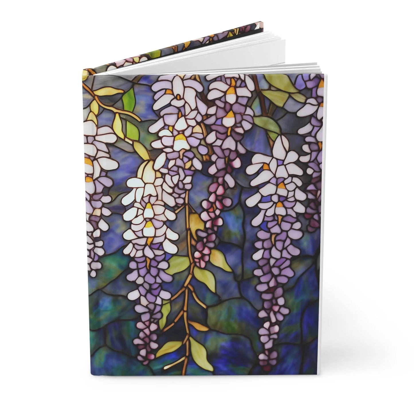 A picture of the Stained Glass Wisteria Flowers Hardcover Journal from GlassyRock Arts.