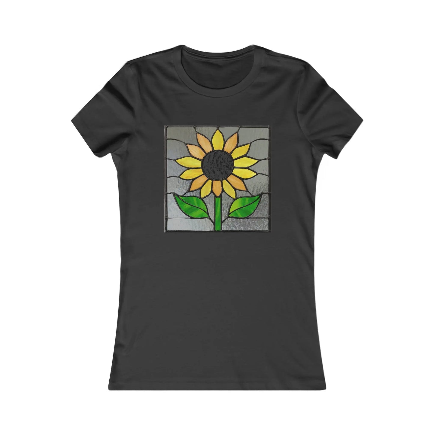 Experience sustainable fashion with the Stained Glass Sunflower Womens Tee Shirt by Bella+Canvas, featuring a stunning sunflower and vibrant green leaves design on a black backdrop.