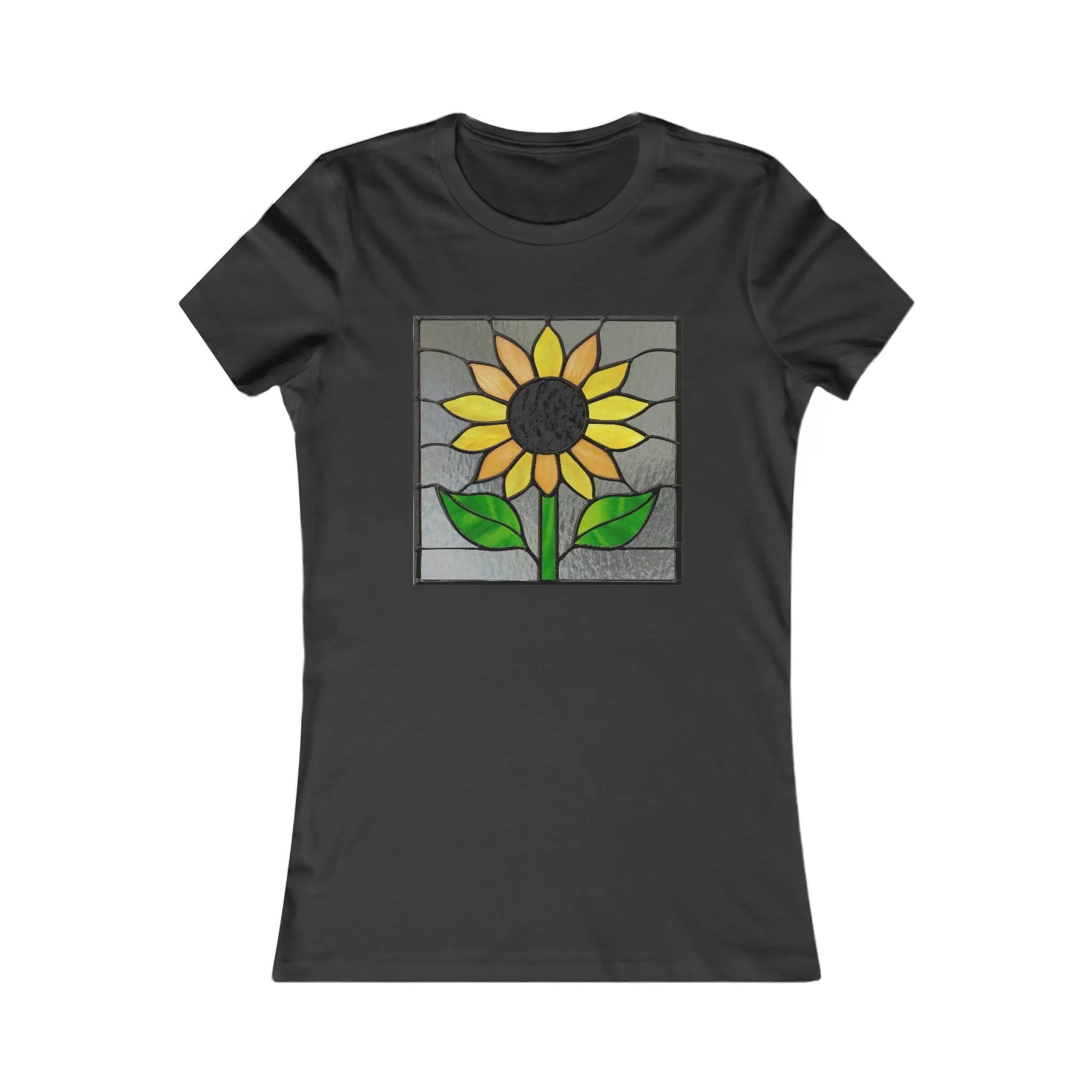 Experience sustainable fashion with the Stained Glass Sunflower Womens Tee Shirt by Bella+Canvas, featuring a stunning sunflower and vibrant green leaves design on a black backdrop.