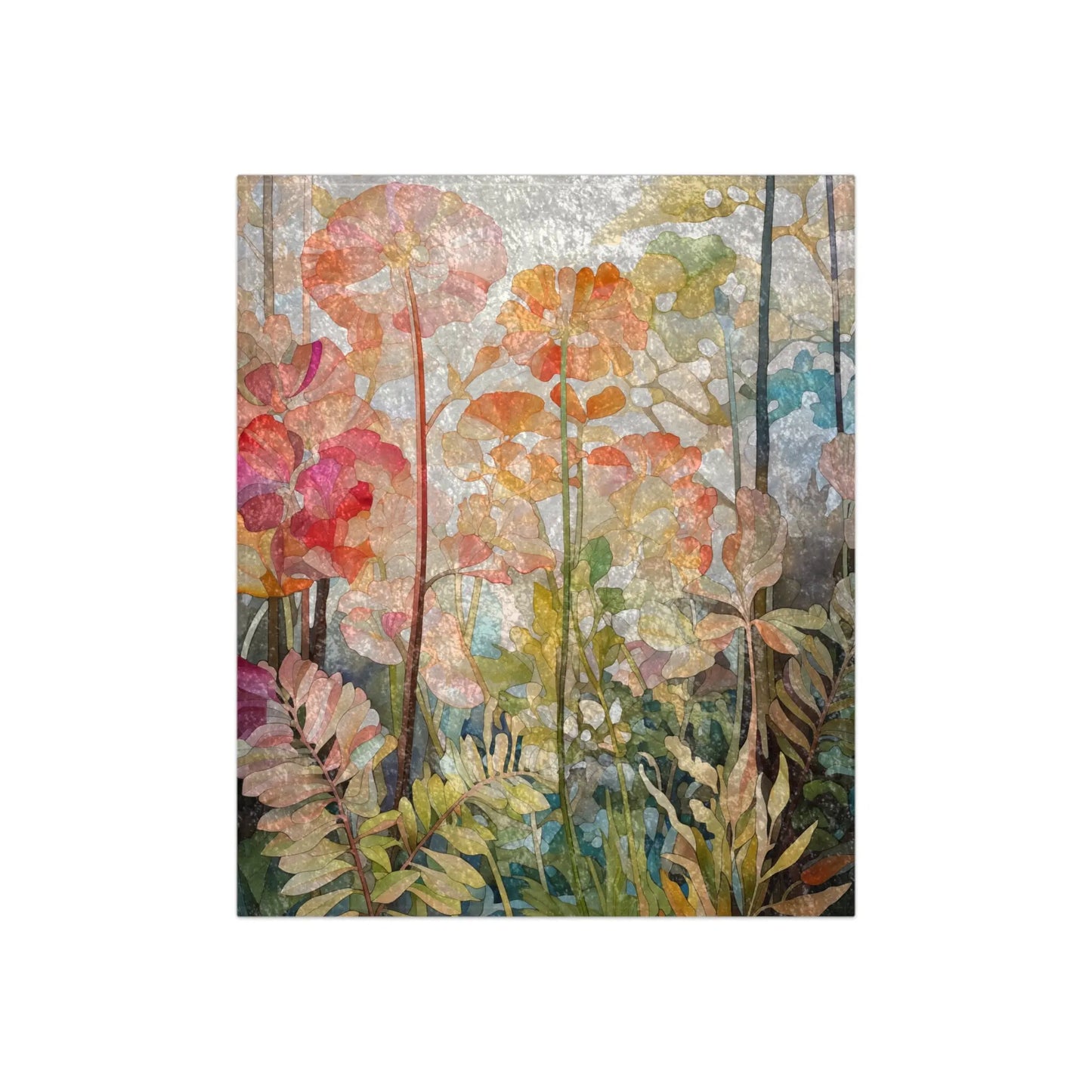 The Stained Glass Flowers & Ferns Crushed Velvet and Soft Fleece Blanket (50x60) features vibrant abstract plants with colorful leaves in red, orange, yellow, and green against a stained glass background, creating a textured mix of light and color for a dreamy atmosphere.
