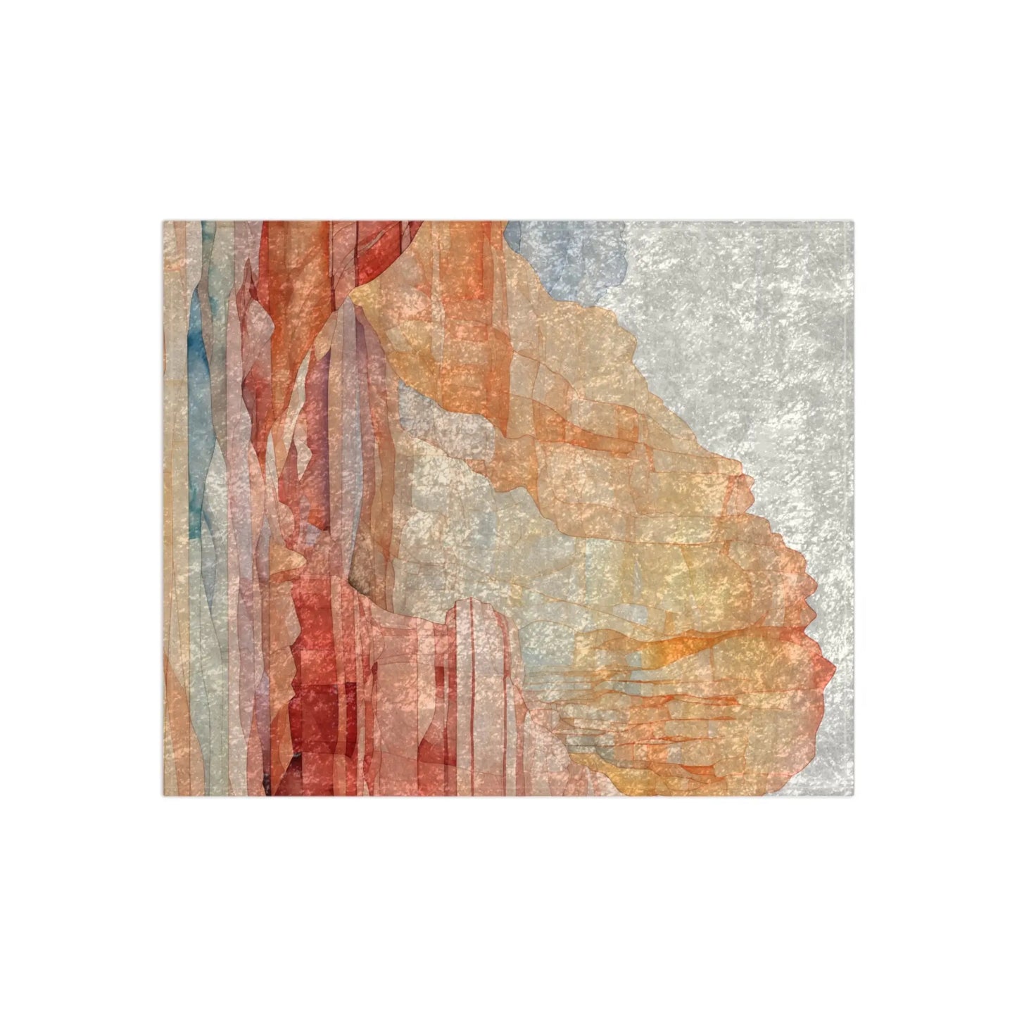 The Stained Glass Sedona Red Rocks blanket, measuring 50x60, features abstract artwork with layered textures in orange, red, blue, and beige. Resembling a rocky landscape with vertical and diagonal elements against a light background, the design evokes the beauty of stained glass.