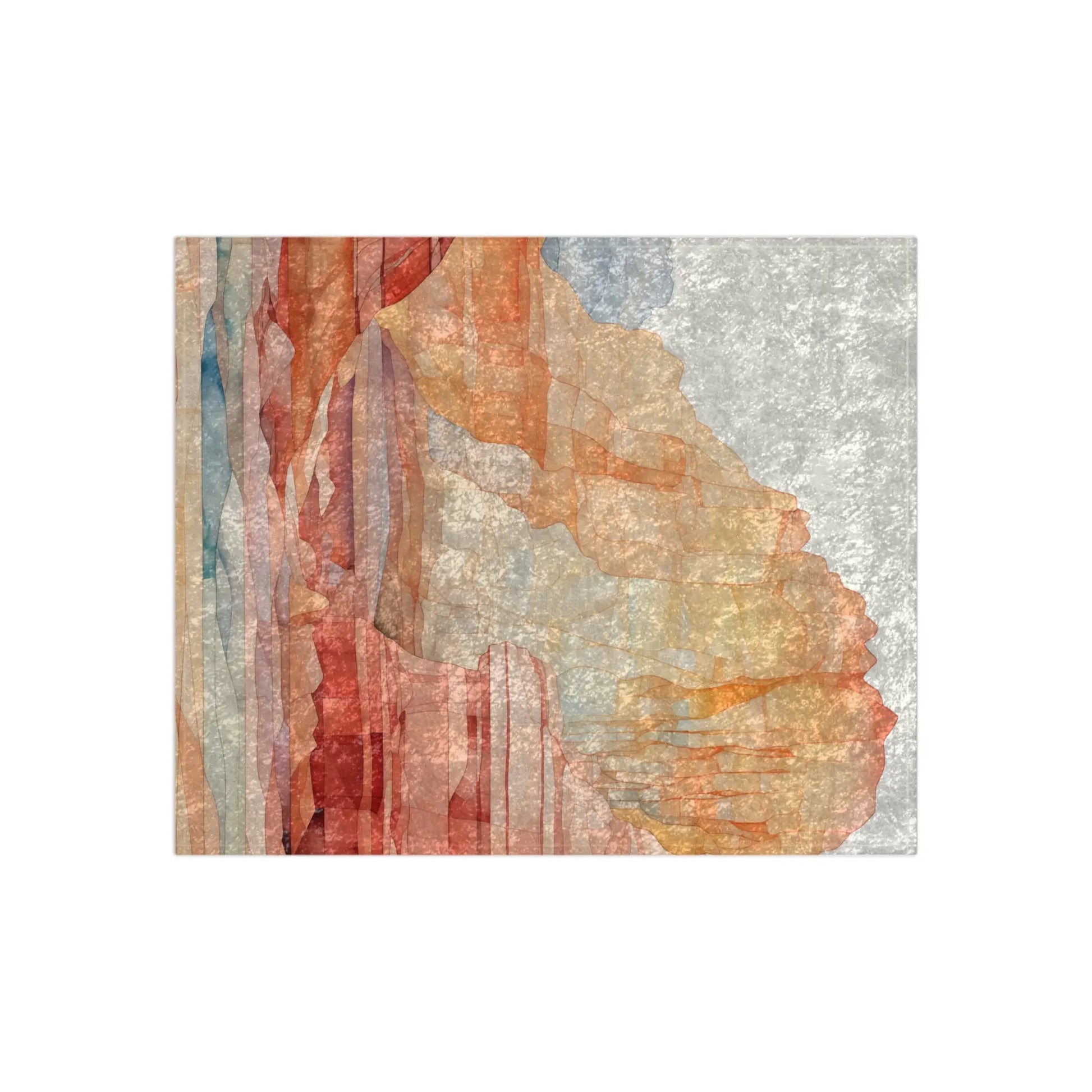 The Stained Glass Sedona Red Rocks blanket, measuring 50x60, features abstract artwork with layered textures in orange, red, blue, and beige. Resembling a rocky landscape with vertical and diagonal elements against a light background, the design evokes the beauty of stained glass.